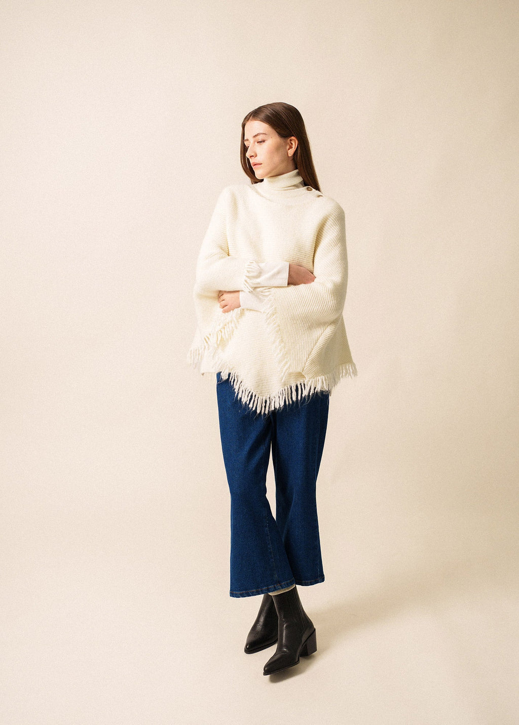 Saint James GO OUEST PONCHO - Fringed Knit Poncho | Soft Mohair-Alpaca Blend (WINTER WHITE)