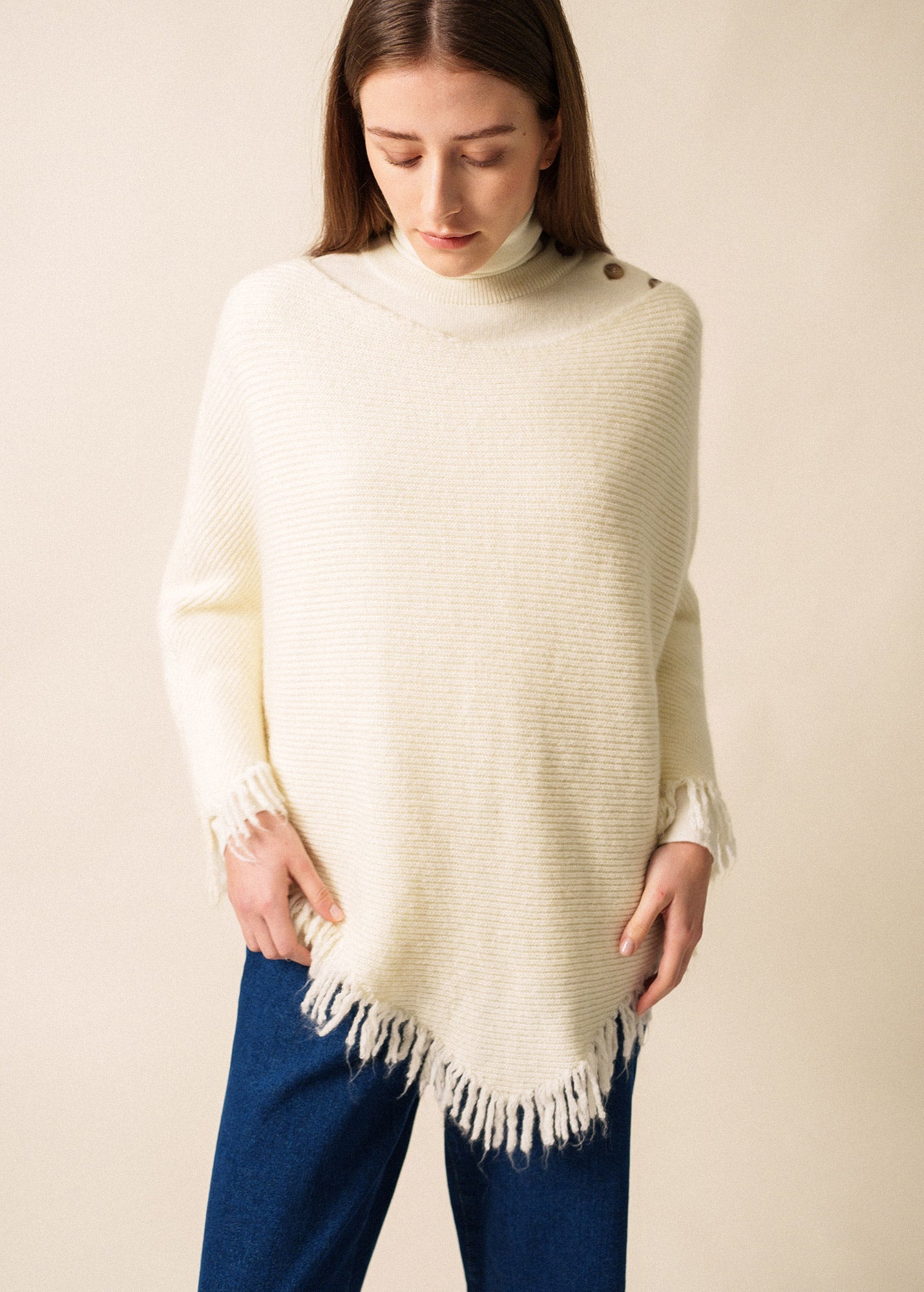 Saint James GO OUEST PONCHO - Fringed Knit Poncho | Soft Mohair-Alpaca Blend (WINTER WHITE)
