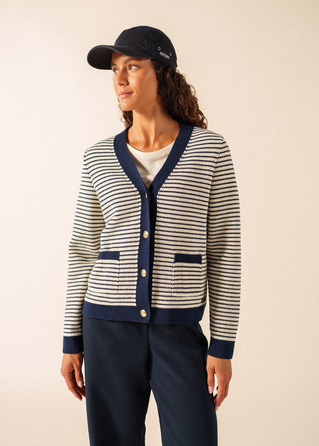 Saint James ISTRES Textured Knit Cardigan (IVORY / NAVY)