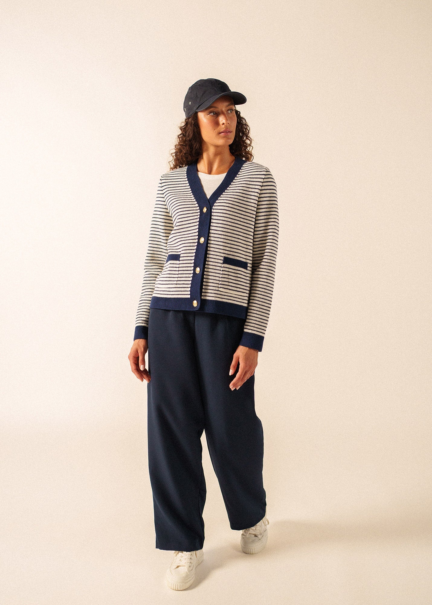 Saint James ISTRES Textured Knit Cardigan (IVORY / NAVY)