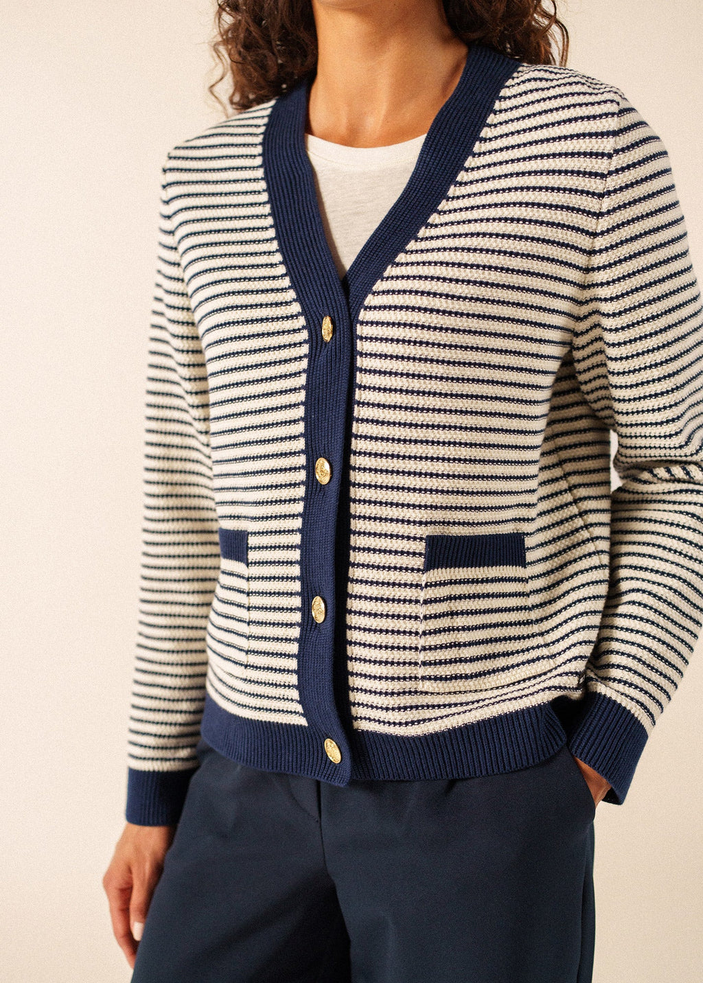 Saint James ISTRES Textured Knit Cardigan (IVORY / NAVY)