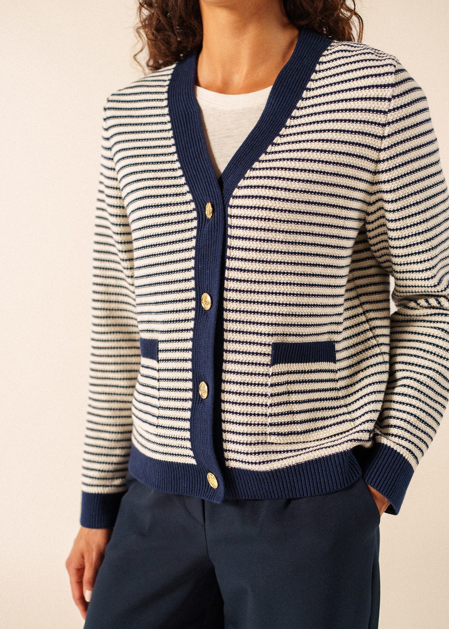 Saint James ISTRES Textured Knit Cardigan (IVORY / NAVY)