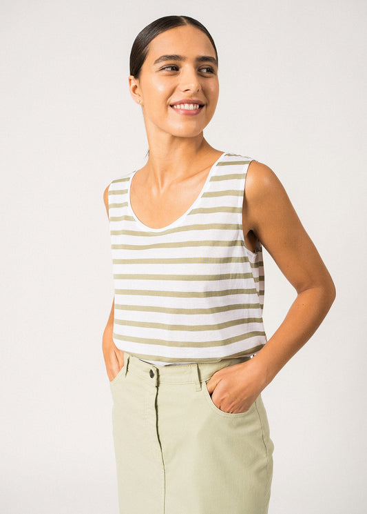 Saint James Gassin Striped Cotton Tank Top Slim Fit White Soft Almond