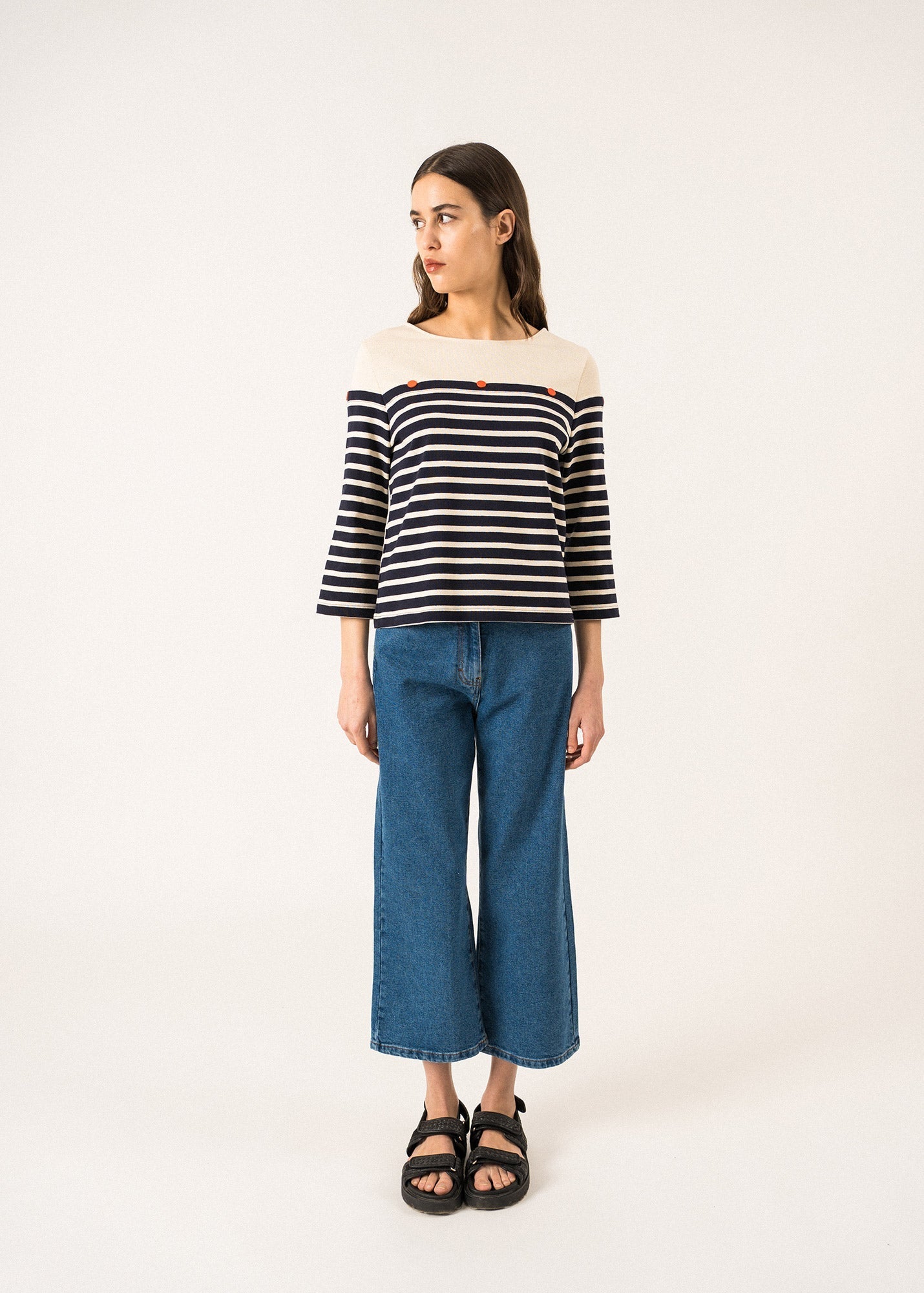 Saint James Amarres 34 Sleeve Breton Striped Shirt With Contrasting Yoke And Decorative Buttons By Isabelle Ballu Navy Ecru Navy