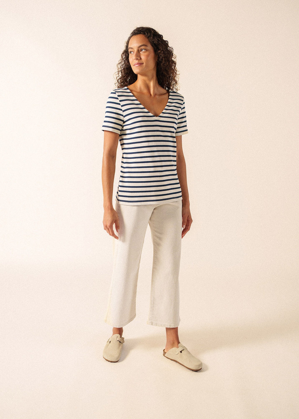 Saint James AGON V-Neck T-Shirt (ECRU / NAVY)