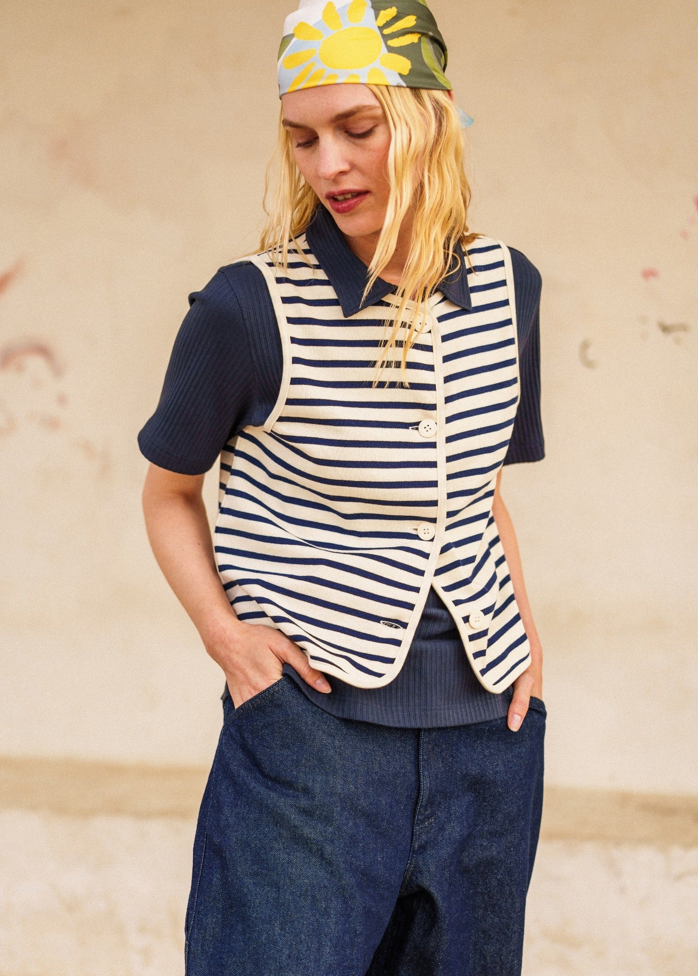 Saint James GOUVILLE Breton Stripe Sleeveless Vest (ECRU / NAVY)