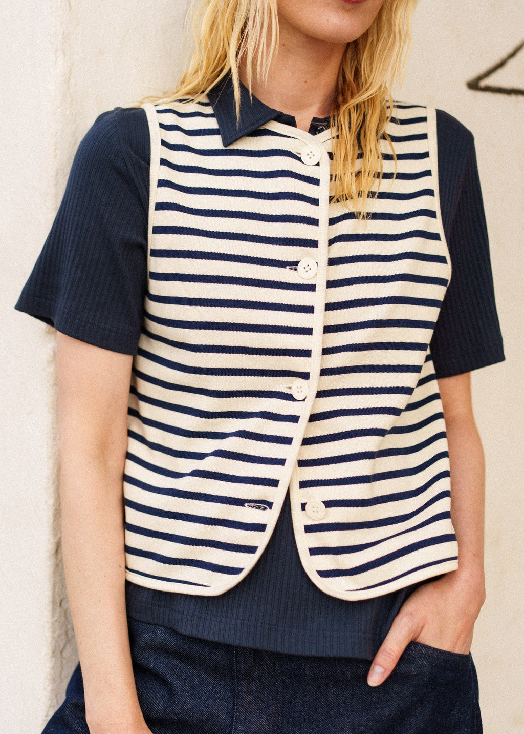 Saint James GOUVILLE Breton Stripe Sleeveless Vest (ECRU / NAVY)