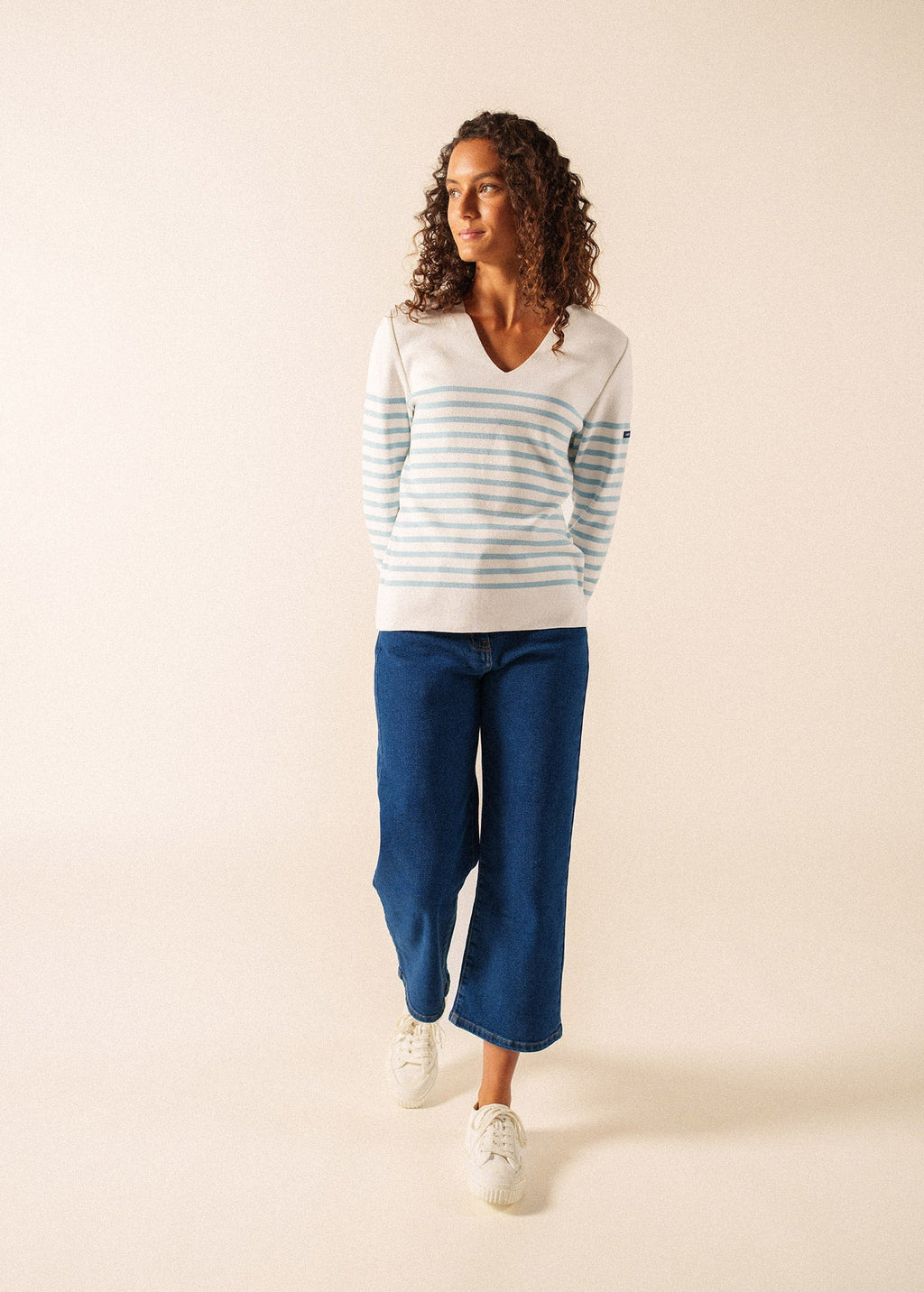 Saint James BREHAT Cotton V-Neck Sweater (WHITE / SKYLIGHT BLUE)