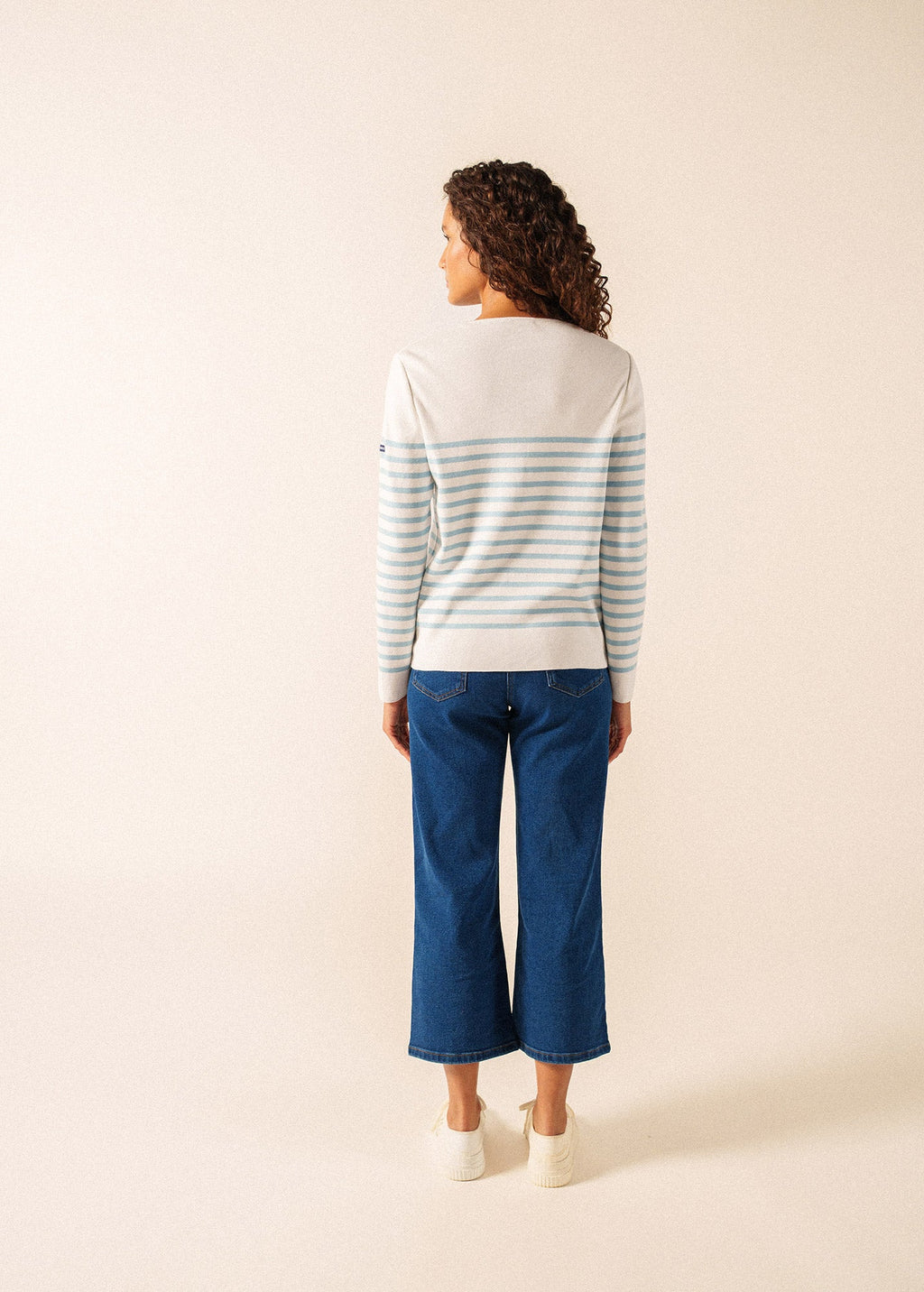 Saint James BREHAT Cotton V-Neck Sweater (WHITE / SKYLIGHT BLUE)