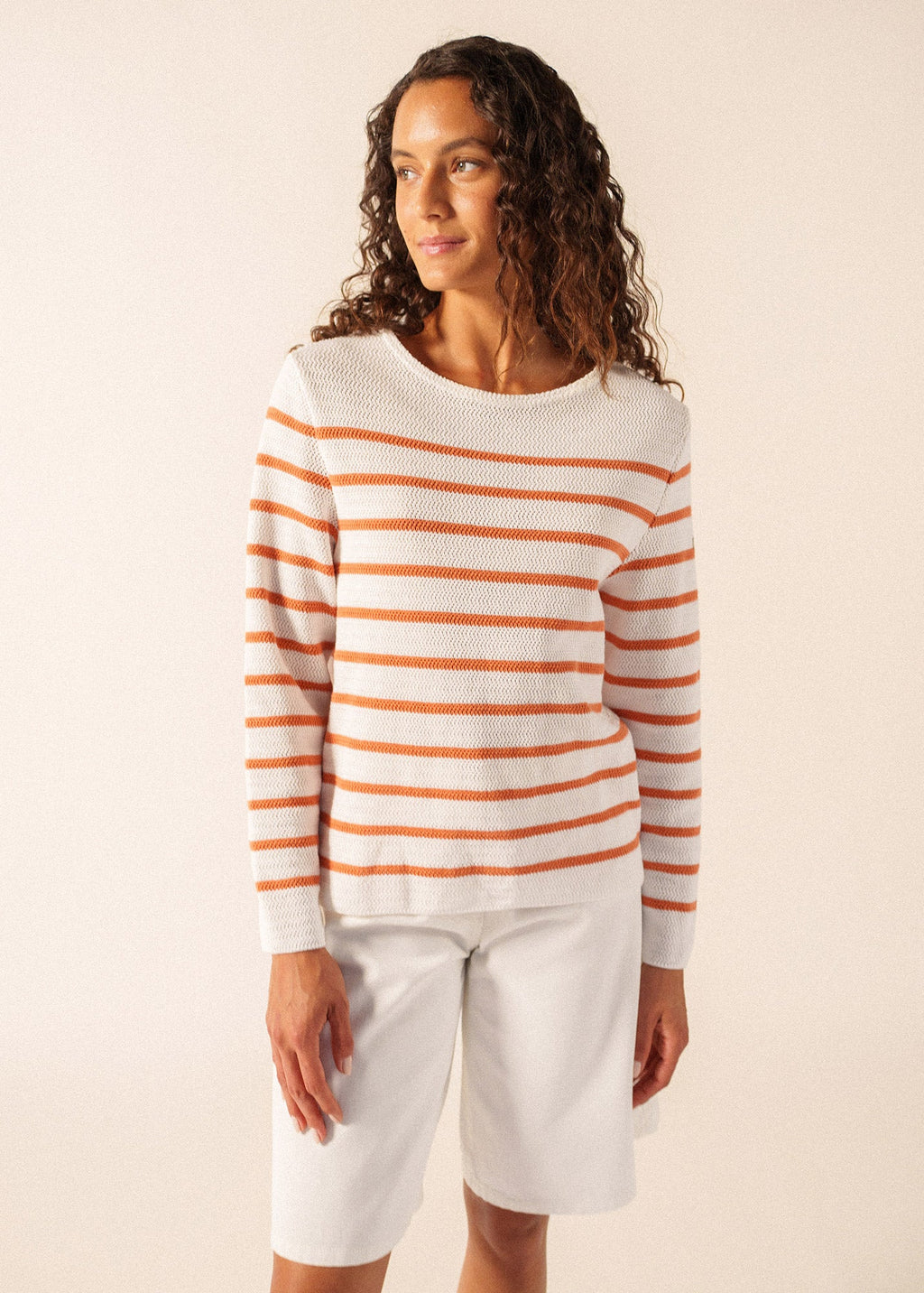 Saint James MARTIGUES Open-Knit Striped Sweater  (WHITE / CLAY)