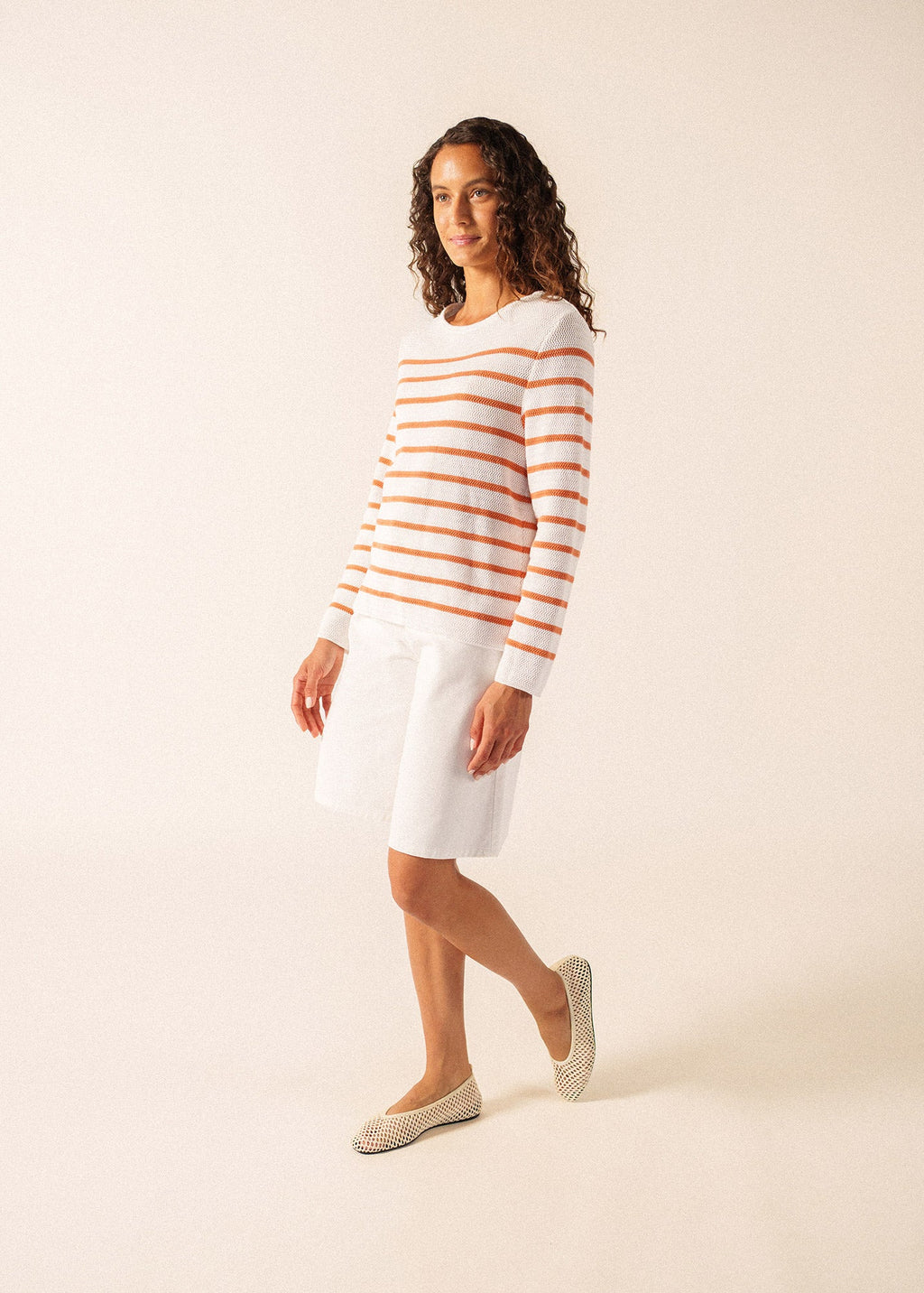 Saint James MARTIGUES Open-Knit Striped Sweater  (WHITE / CLAY)