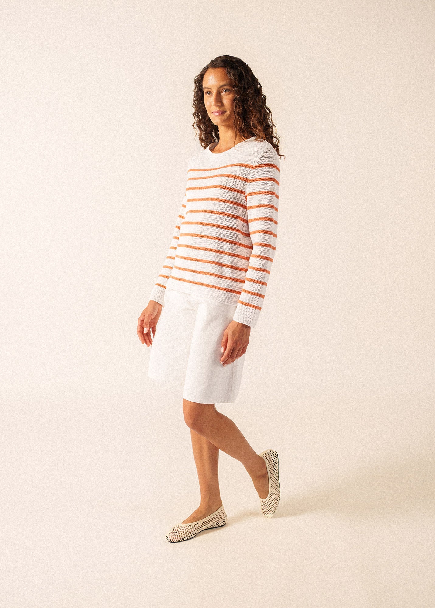 Saint James MARTIGUES Open-Knit Striped Sweater  (WHITE / CLAY)