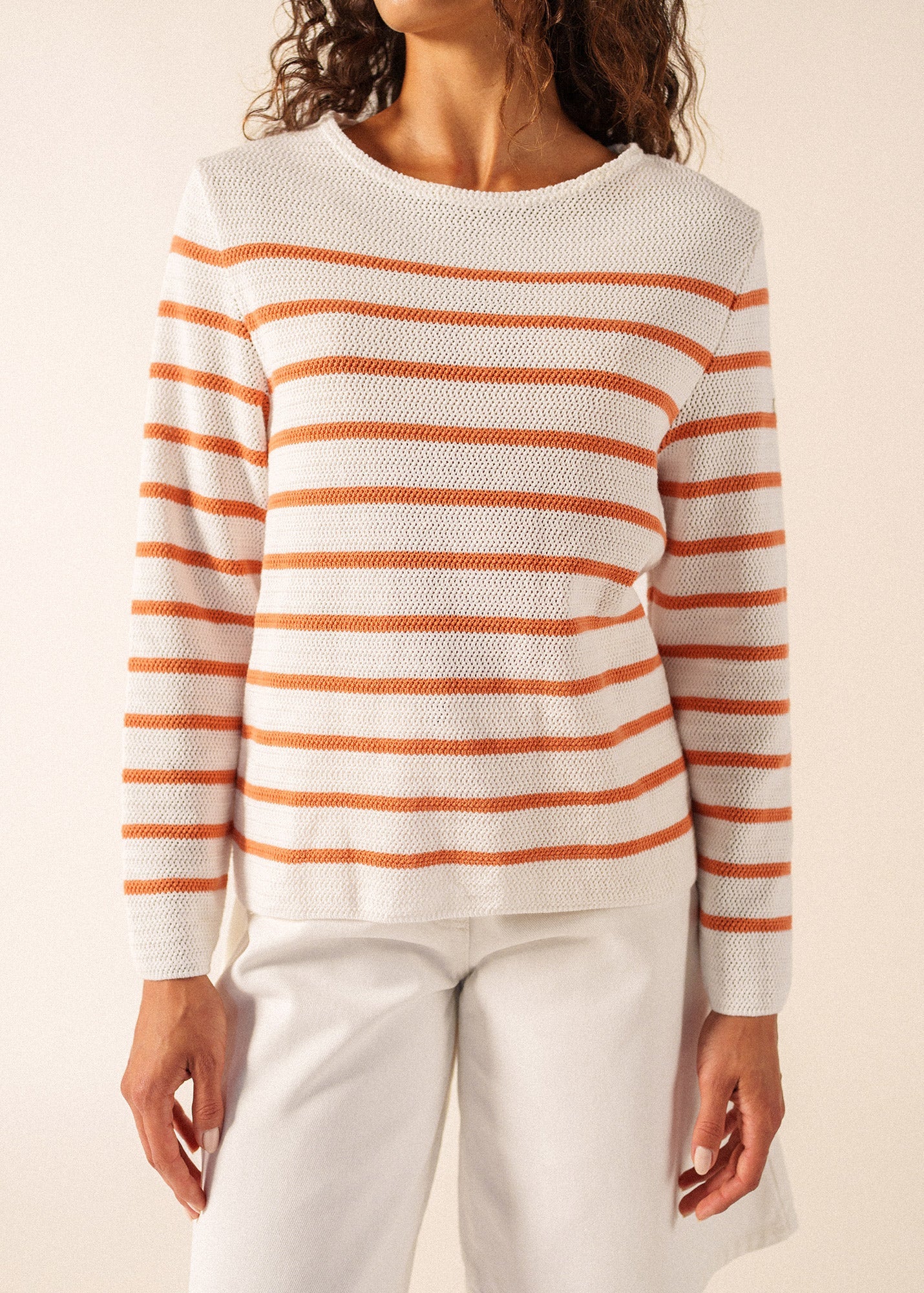 Saint James MARTIGUES Open-Knit Striped Sweater  (WHITE / CLAY)