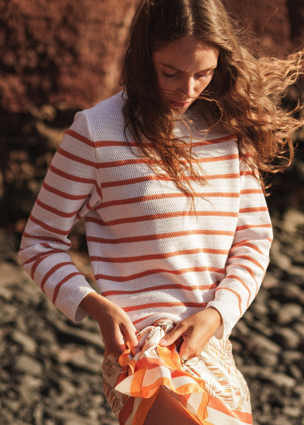 Saint James MARTIGUES Open-Knit Striped Sweater  (WHITE / CLAY)