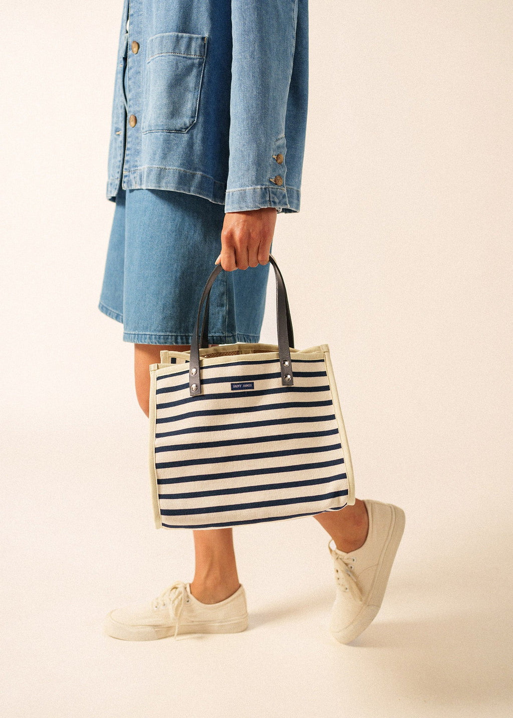 Saint James Striped jersey & jute tote bag (ECRU / NAVY)