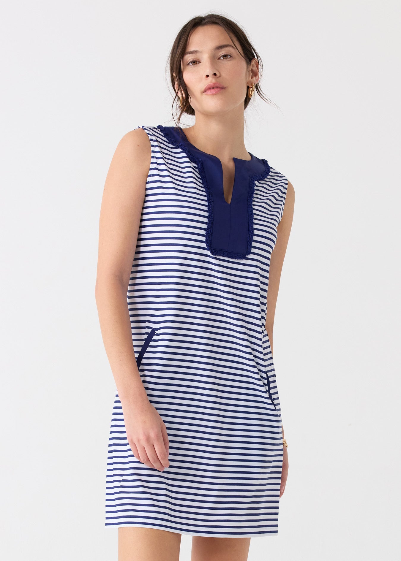 Cabana Life Stripe Sleeveless Fringe Tunic Dress, Navy