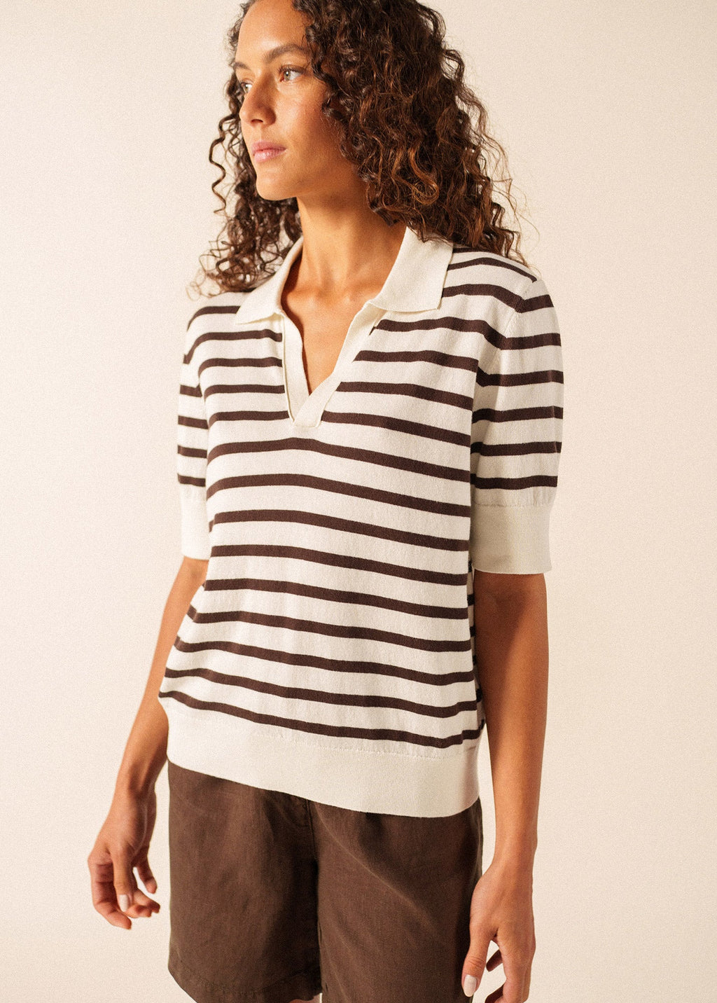 Saint James COIMBRA Striped Cotton & Cashmere Polo Sweater (IVORY / CHOCOLATE)