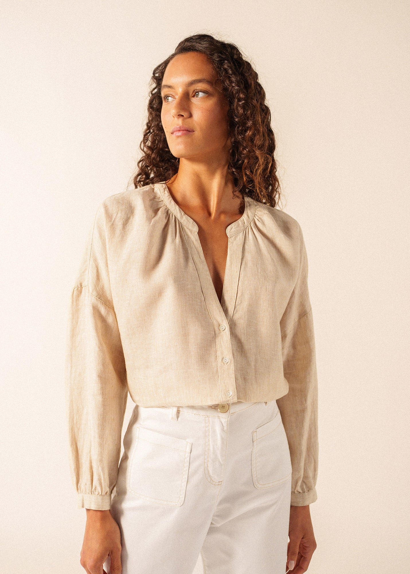 Saint James CHARLOTTE Striped Linen Voile Blouse (WHITE / CHOCOLATE)