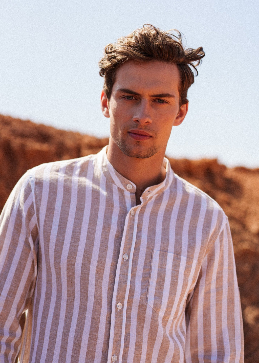 Saint James LIAM Striped Linen & Cotton Shirt (WHITE / BEIGE)