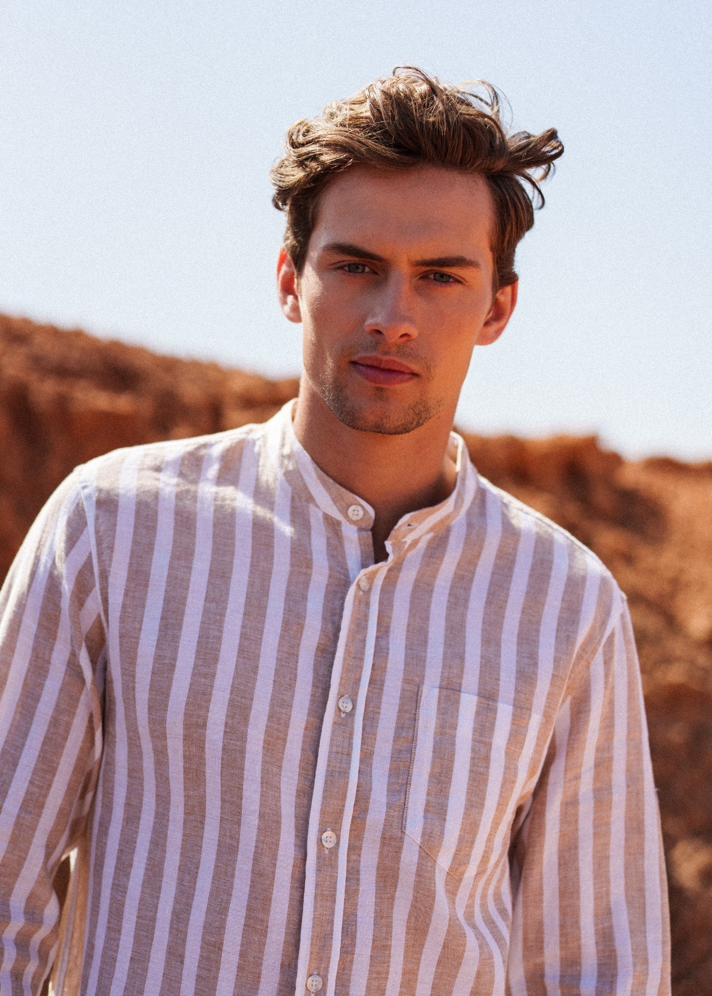 Saint James LIAM Striped Linen & Cotton Shirt (WHITE / BEIGE)