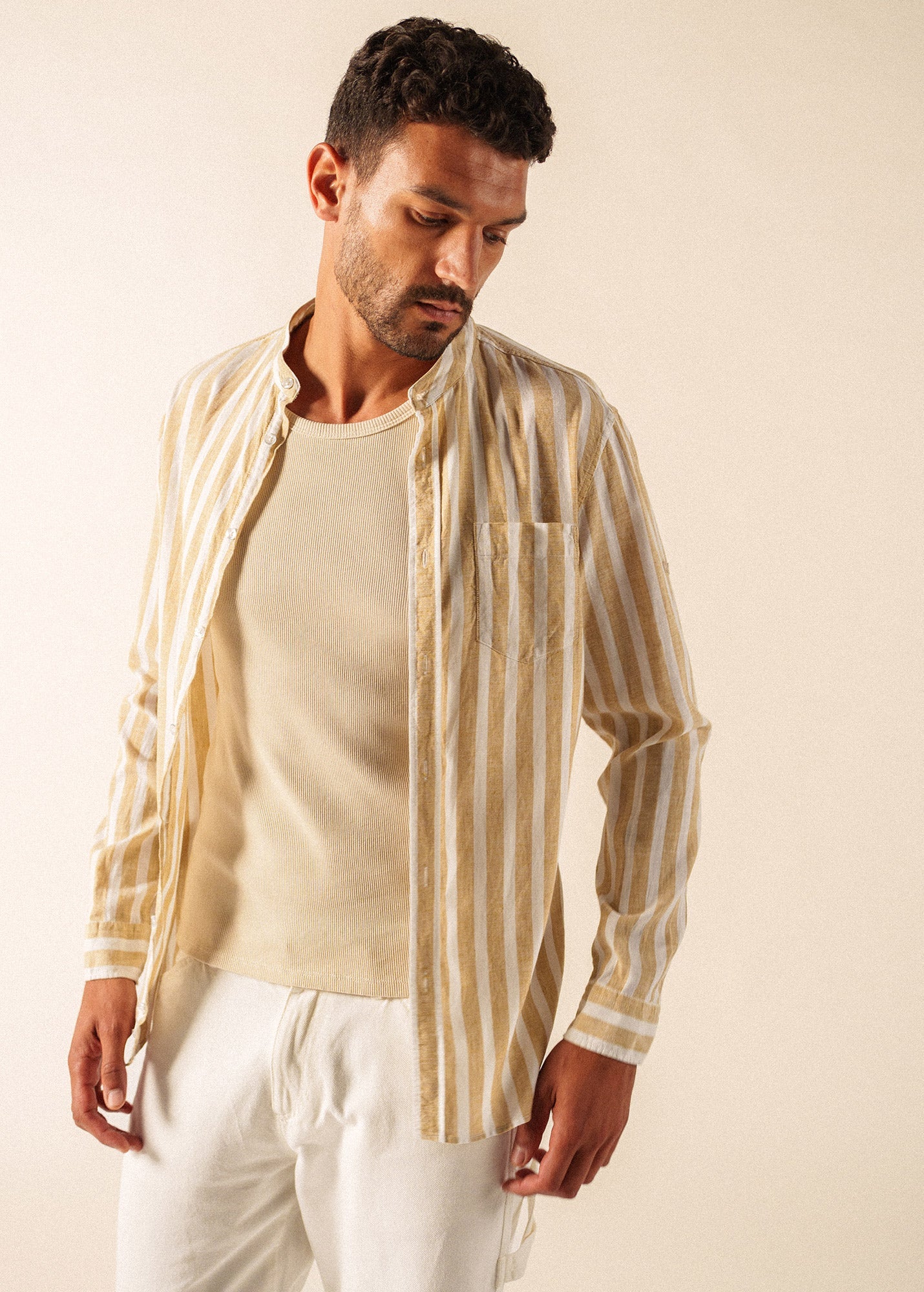 Saint James LIAM Striped Linen & Cotton Shirt (WHITE / BEIGE)