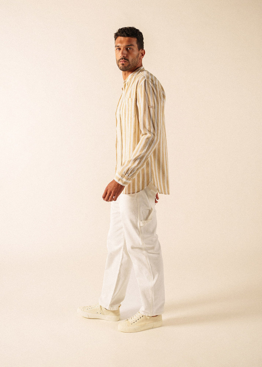 Saint James LIAM Striped Linen & Cotton Shirt (WHITE / BEIGE)