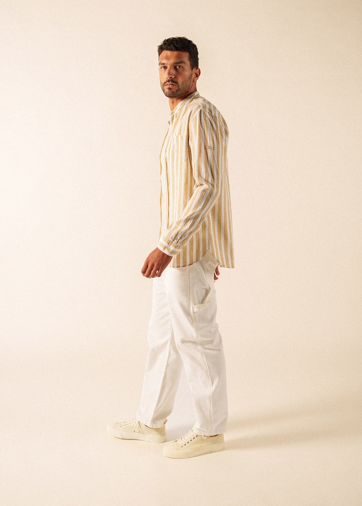 Saint James LIAM Striped Linen & Cotton Shirt (WHITE / BEIGE)