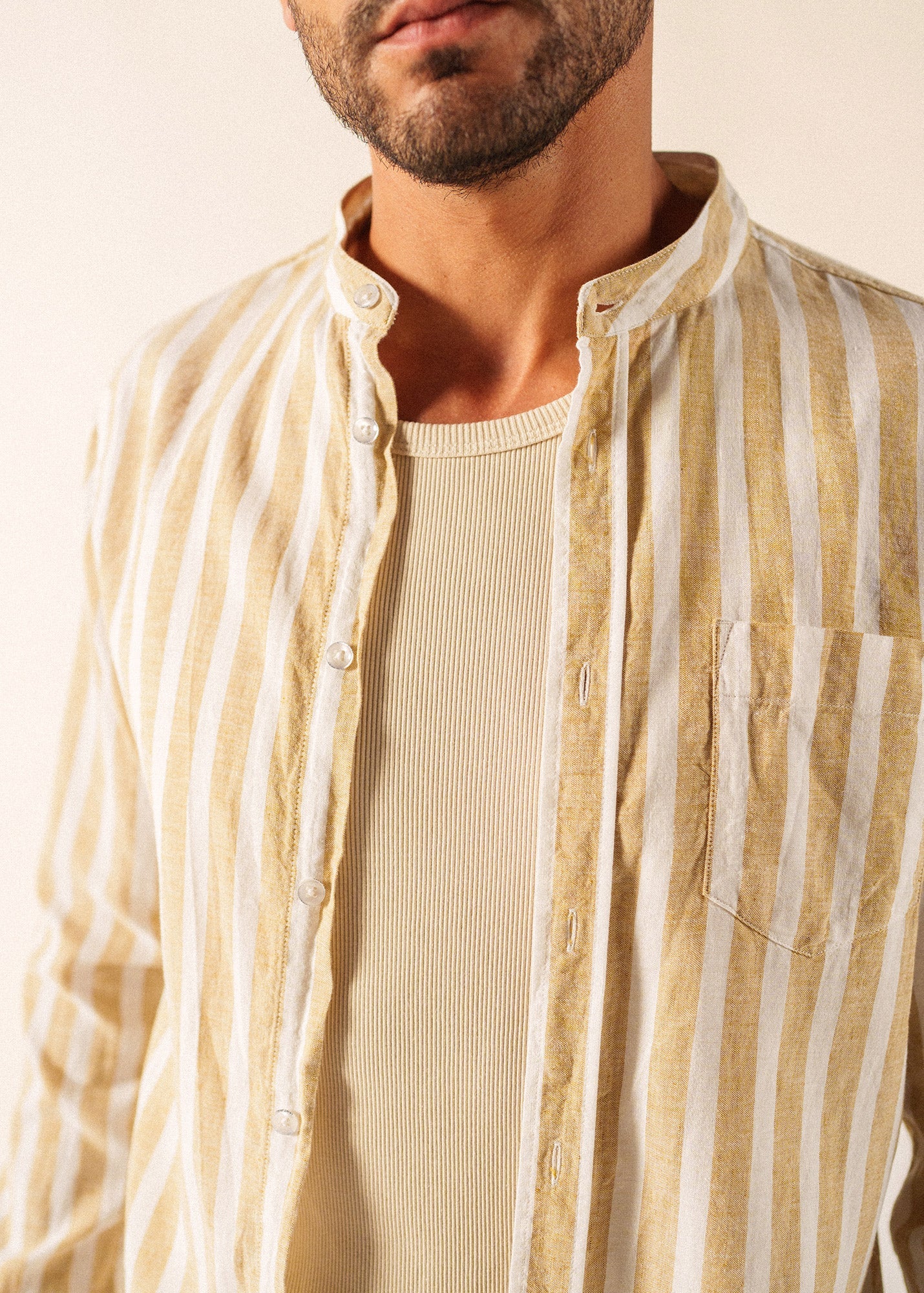 Saint James LIAM Striped Linen & Cotton Shirt (WHITE / BEIGE)