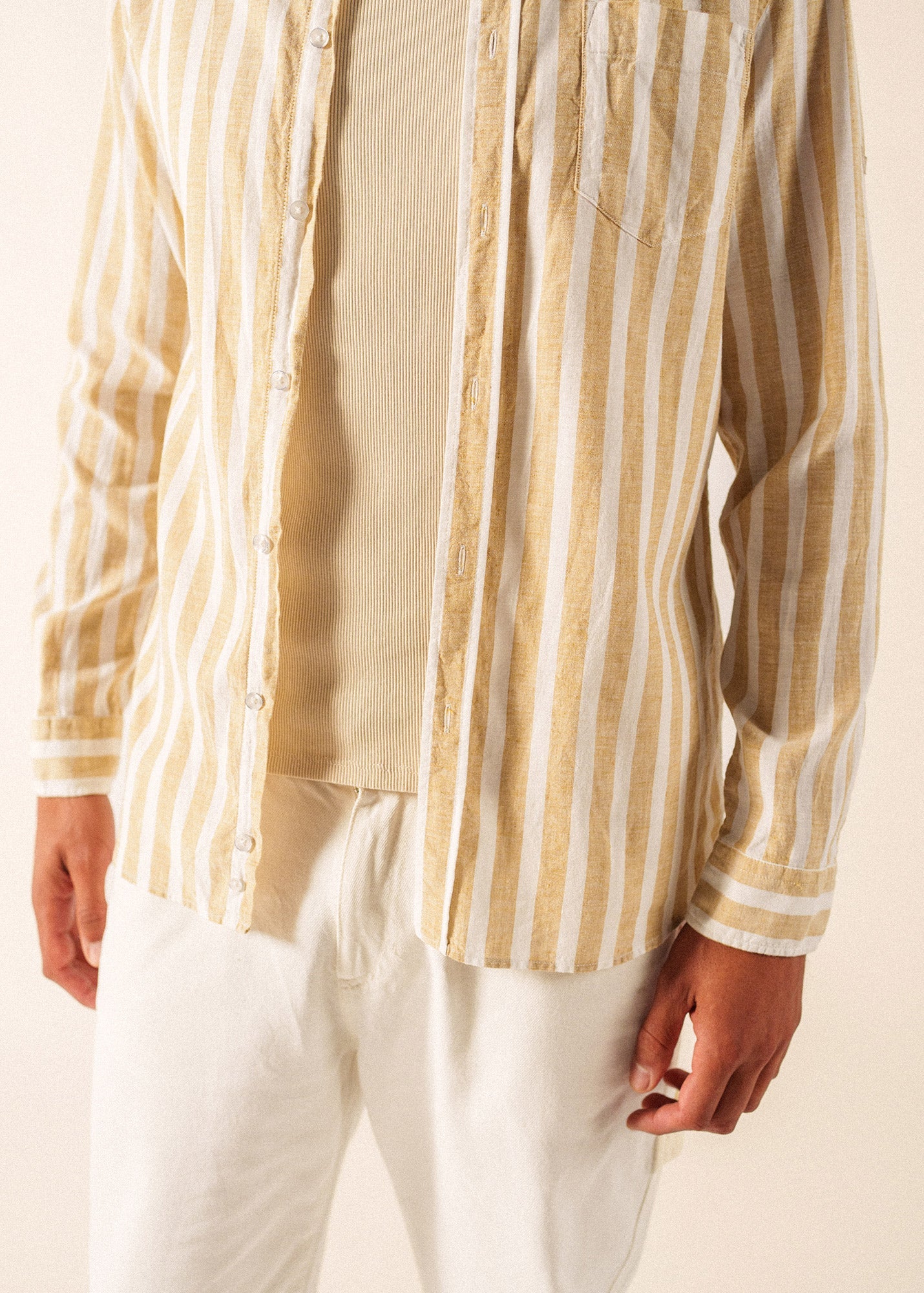 Saint James LIAM Striped Linen & Cotton Shirt (WHITE / BEIGE)
