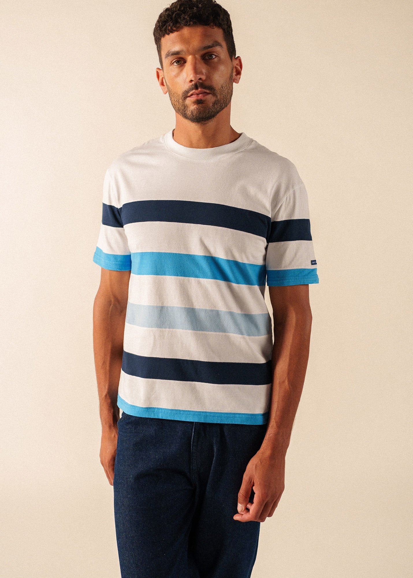 Saint James PHILEAS Striped Cotton T-Shirt (WHITE / CAPRI BLUE)