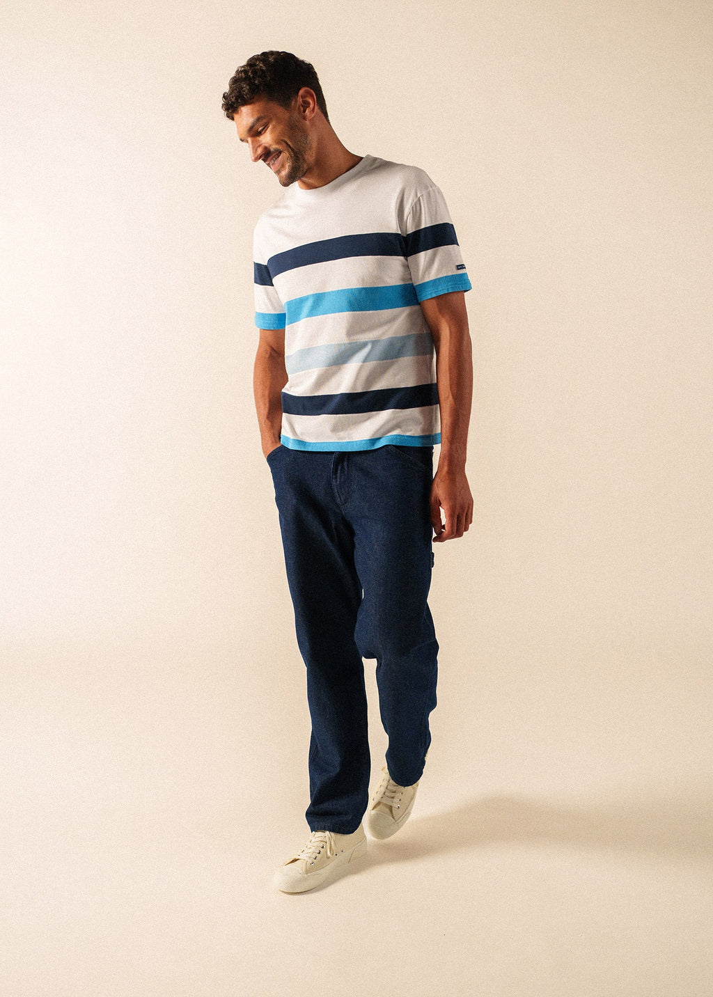 Saint James PHILEAS Striped Cotton T-Shirt (WHITE / CAPRI BLUE)