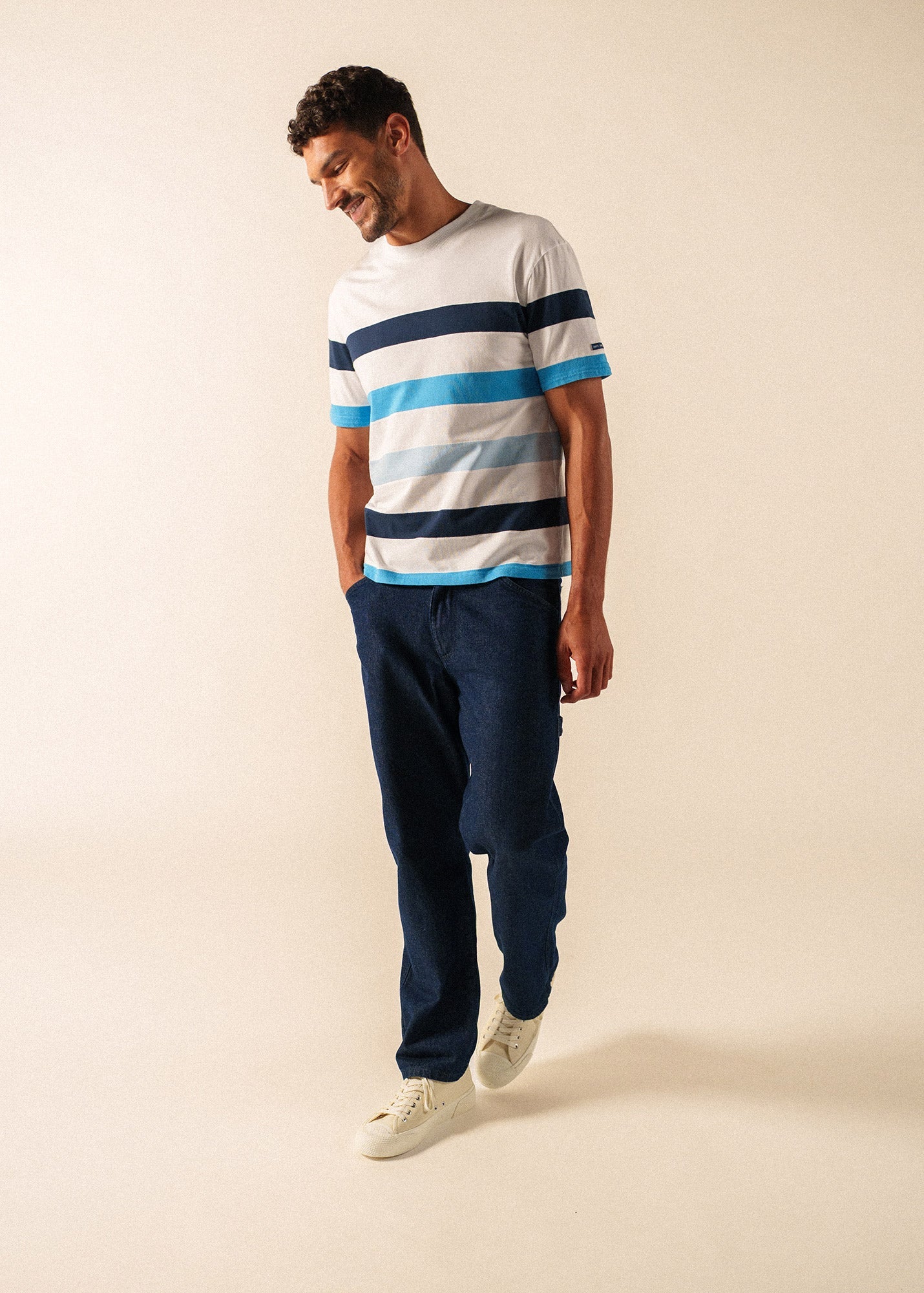 Saint James PHILEAS Striped Cotton T-Shirt (WHITE / CAPRI BLUE)
