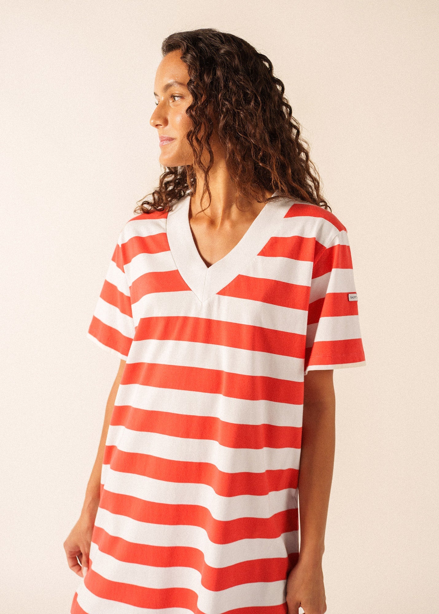 Saint James NOOR Wide Stripe Cotton Dress (WHITE / POPPY RED)