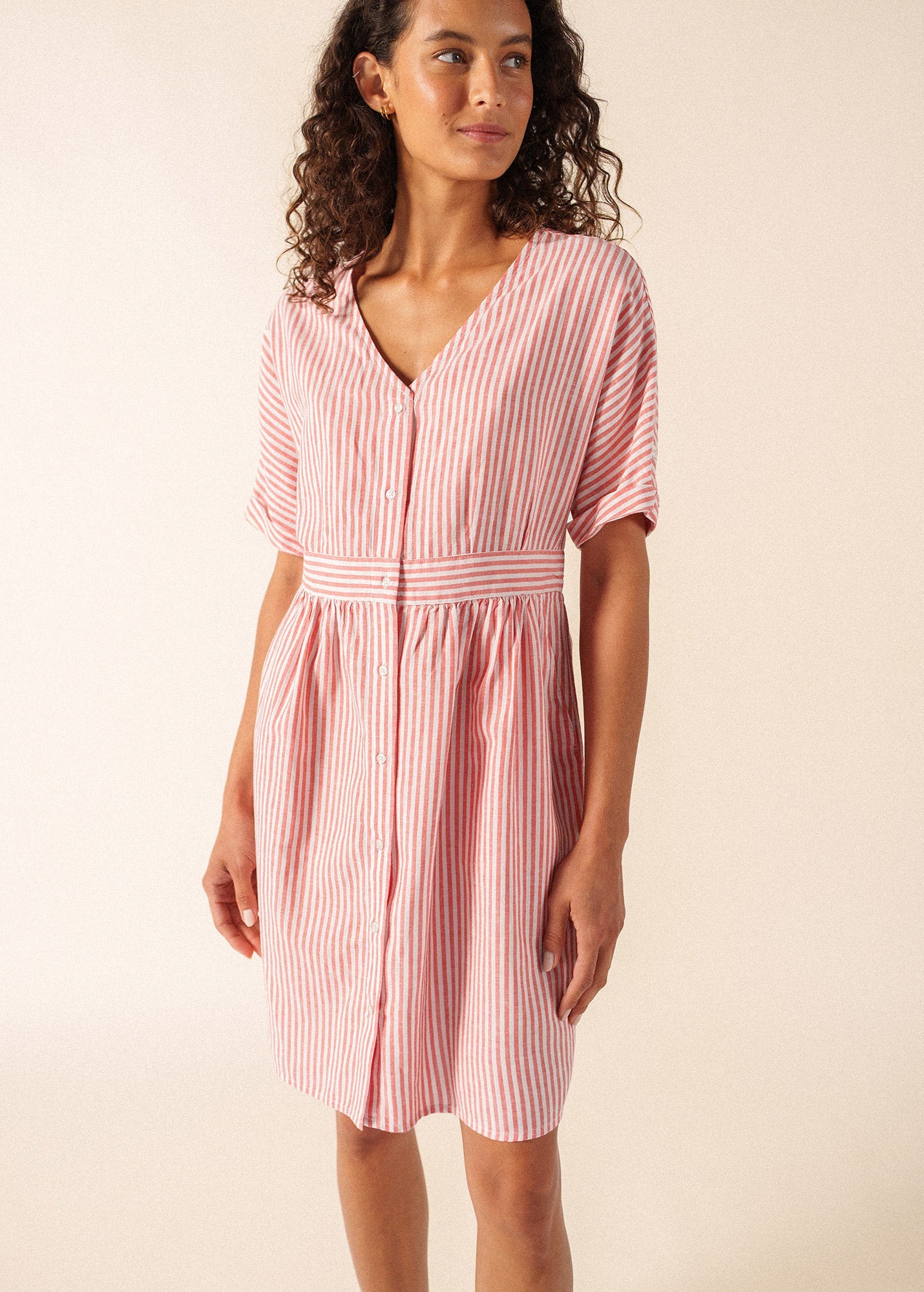 Saint James MATHILDE Striped Linen Blend Dress (WHITE / POPPY RED)