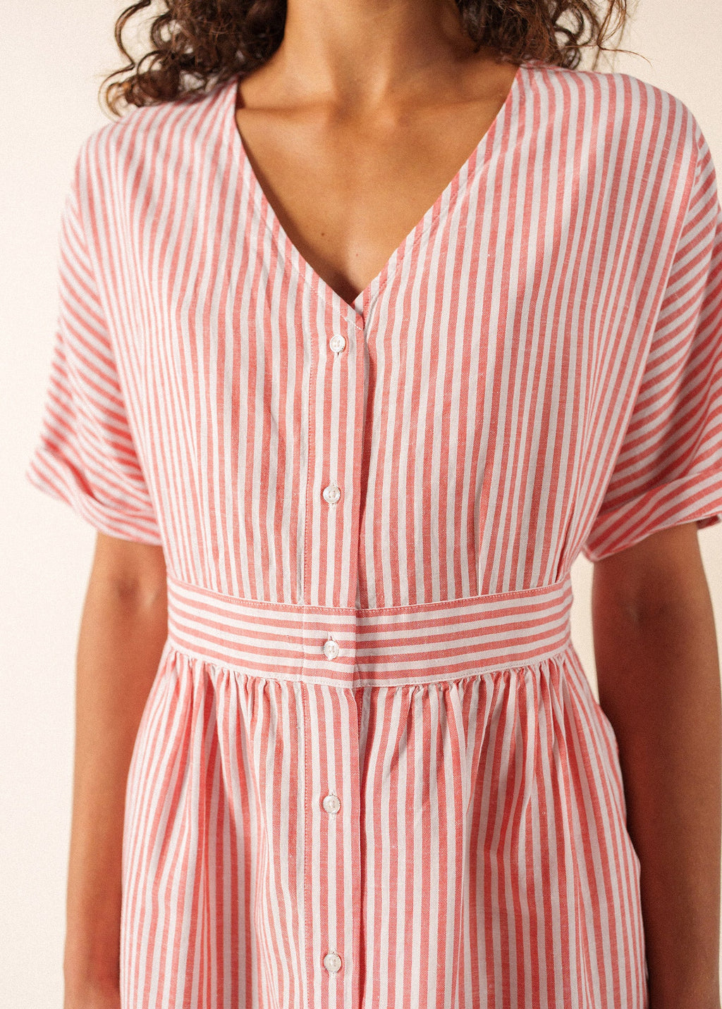 Saint James MATHILDE Striped Linen Blend Dress (WHITE / POPPY RED)