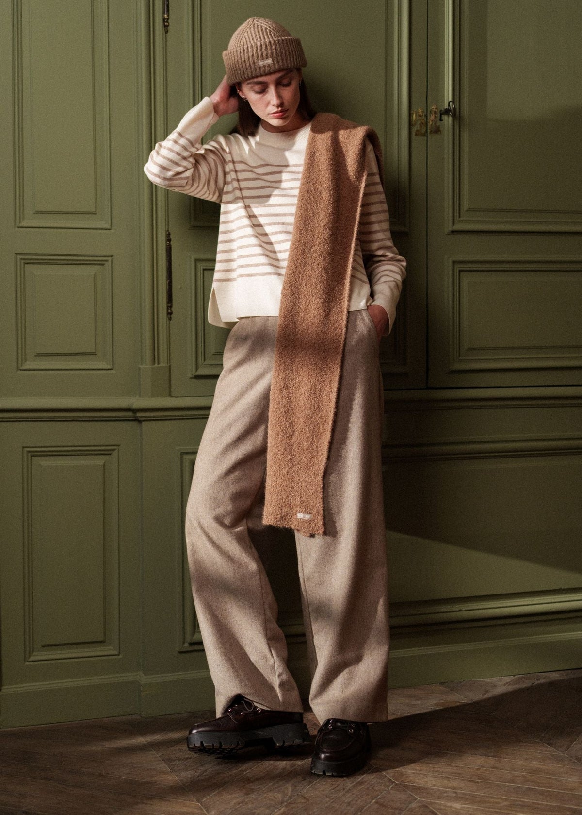 Saint James Bianca Hiver Pleated Wool Flannel Pants, Dark Beige