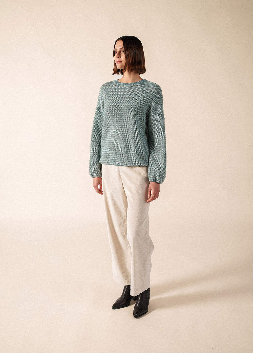Saint James Ascain Puff-Sleeve Mohair Sweater, Coastal Blue / Winter White