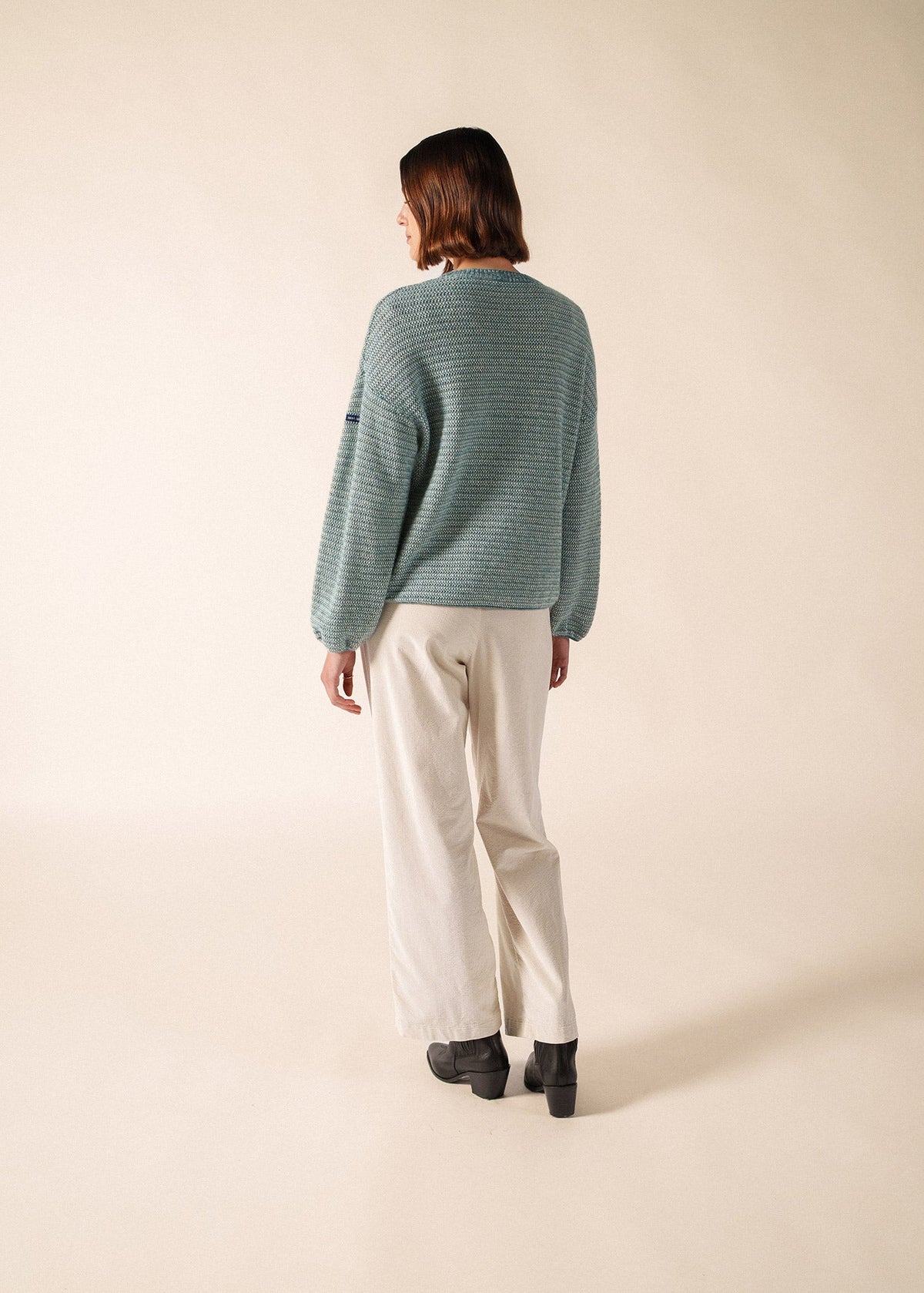 Saint James Ascain Puff-Sleeve Mohair Sweater, Coastal Blue / Winter White