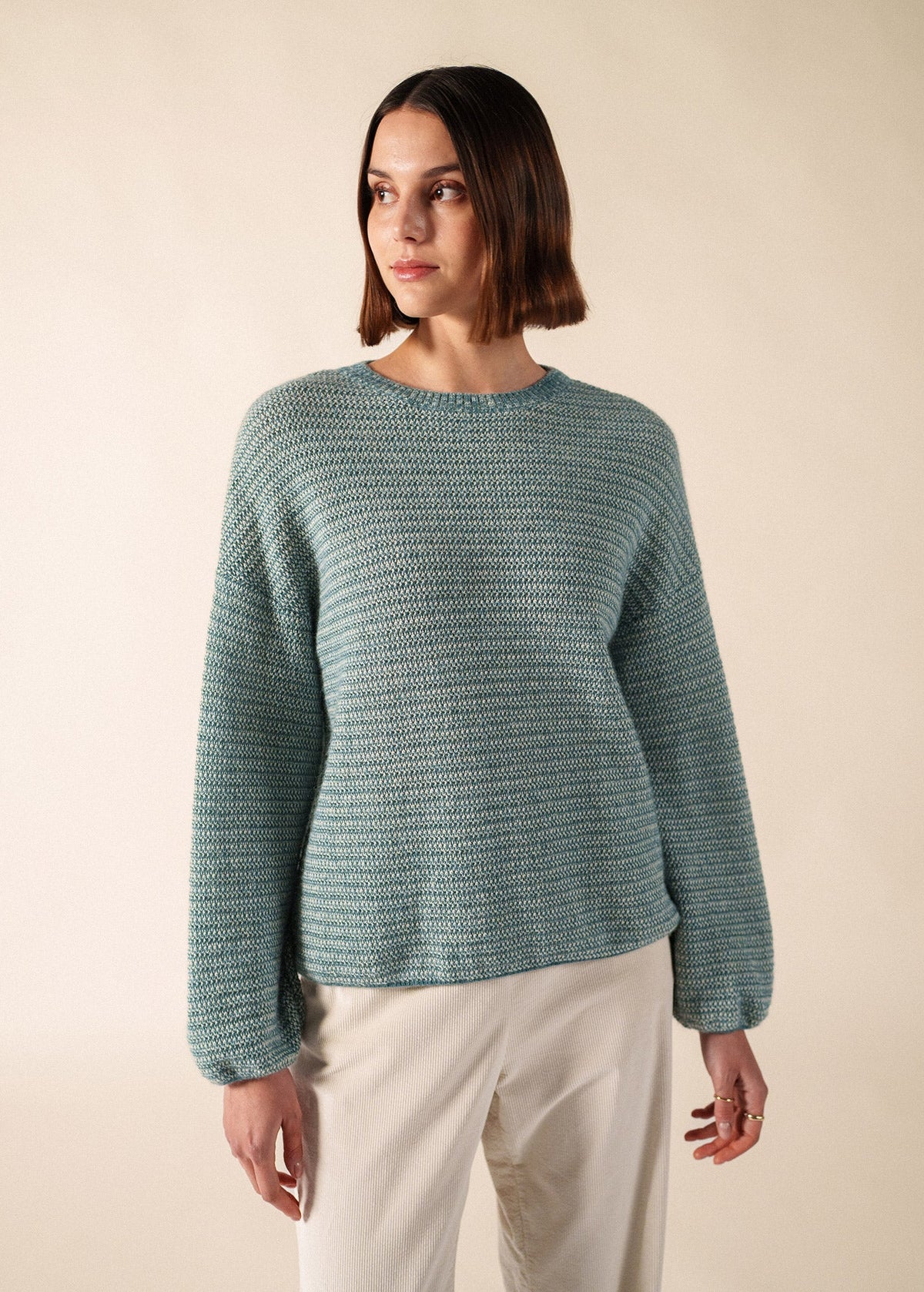 Saint James Ascain Puff-Sleeve Mohair Sweater, Coastal Blue / Winter White