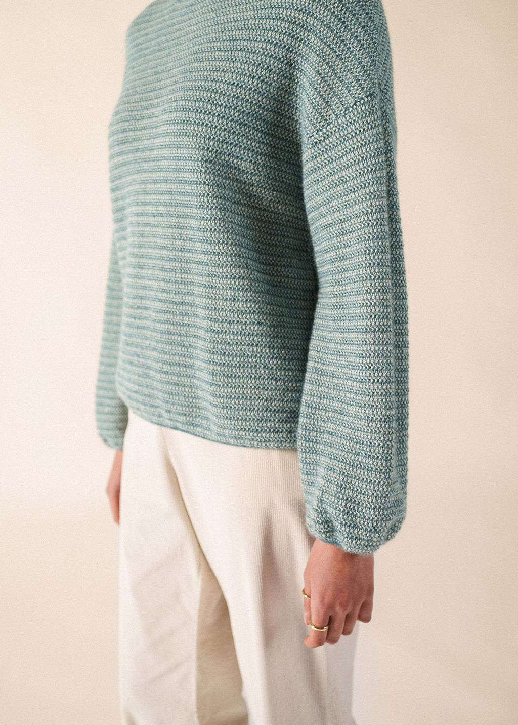 Saint James Ascain Puff-Sleeve Mohair Sweater, Coastal Blue / Winter White