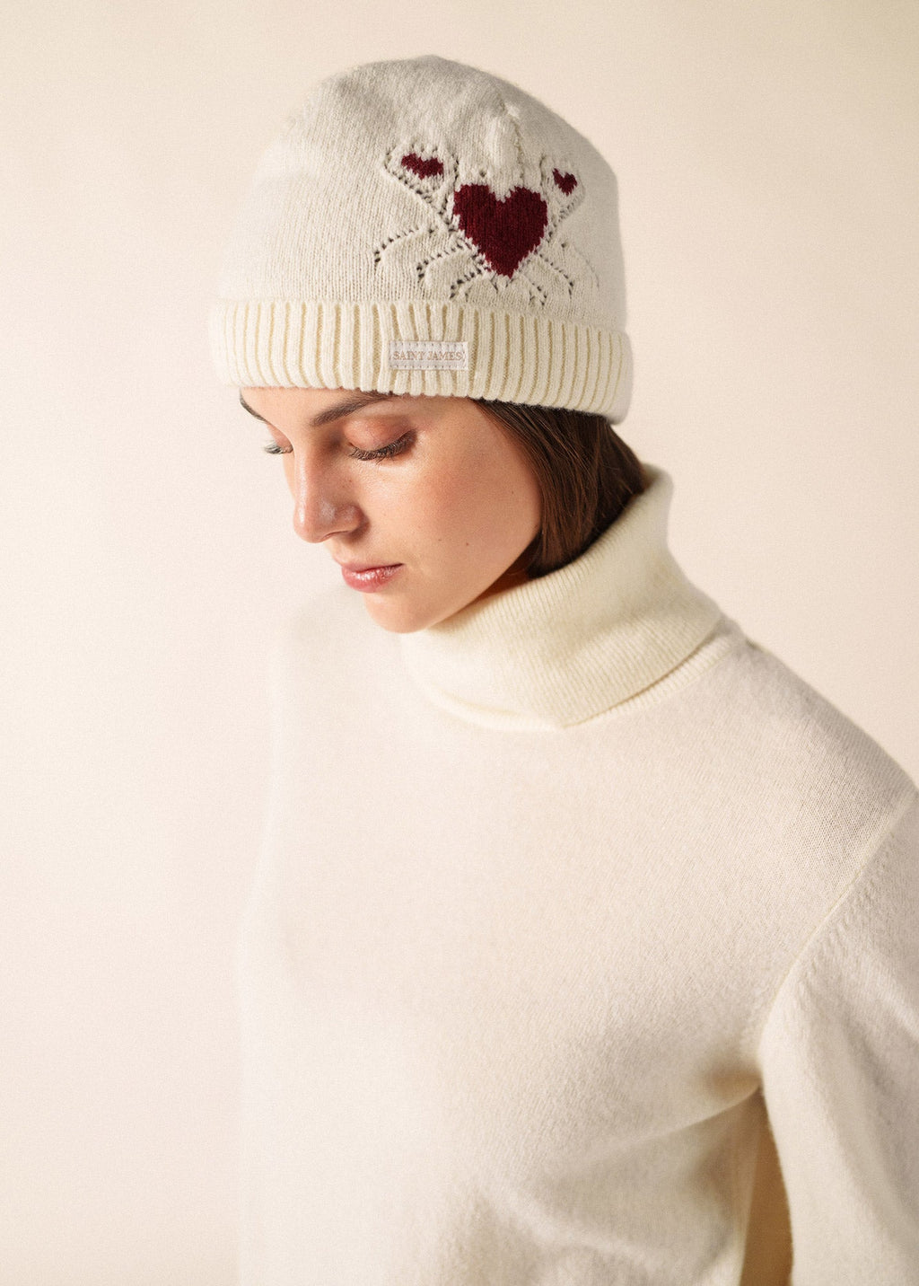 Saint James PORTUNE Pure Wool Beanie (IVORY / BURGUNDY)