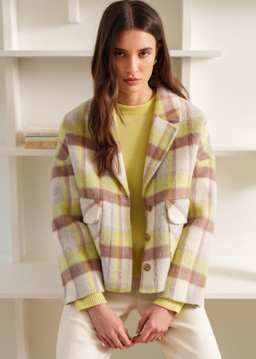 Saint James St Emilia Checked Wool Jacket, Winter White / Beige / Butter Yellow
