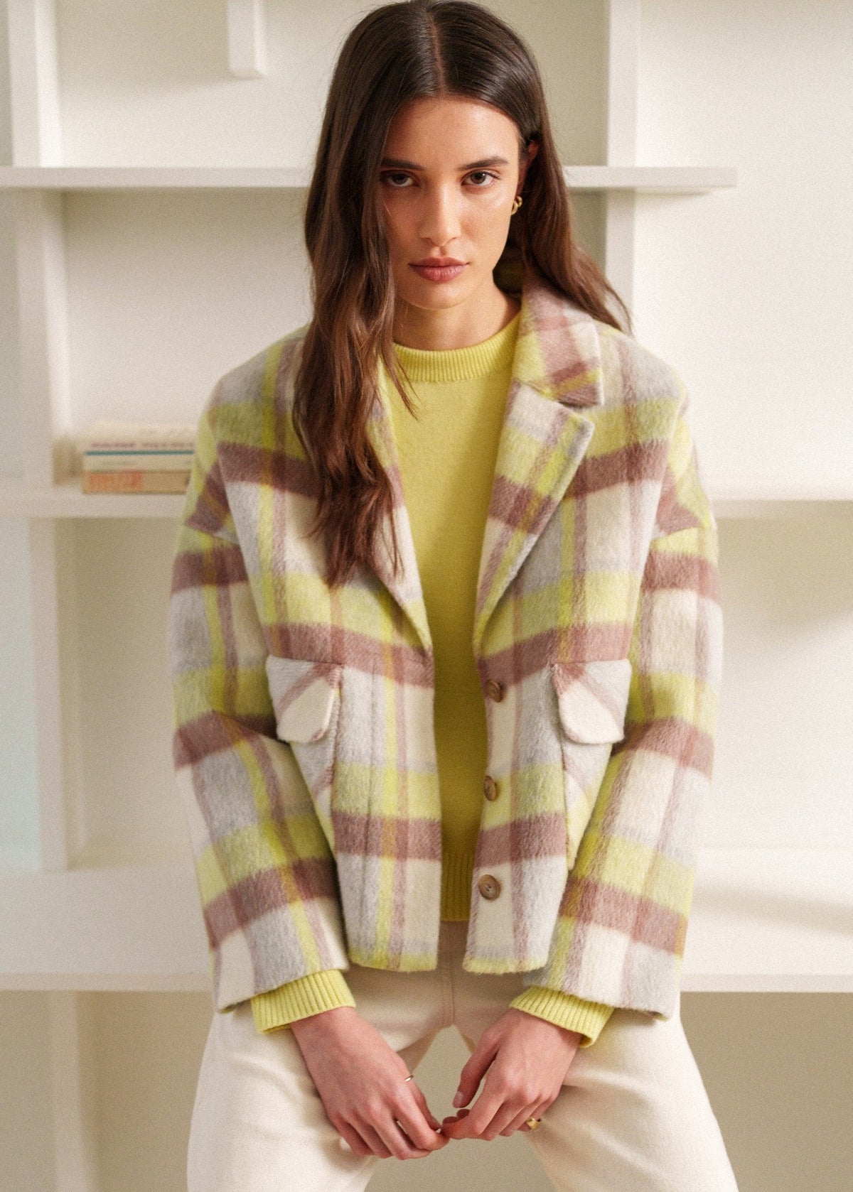 Saint James St Emilia Checked Wool Jacket, Winter White / Beige / Butter Yellow