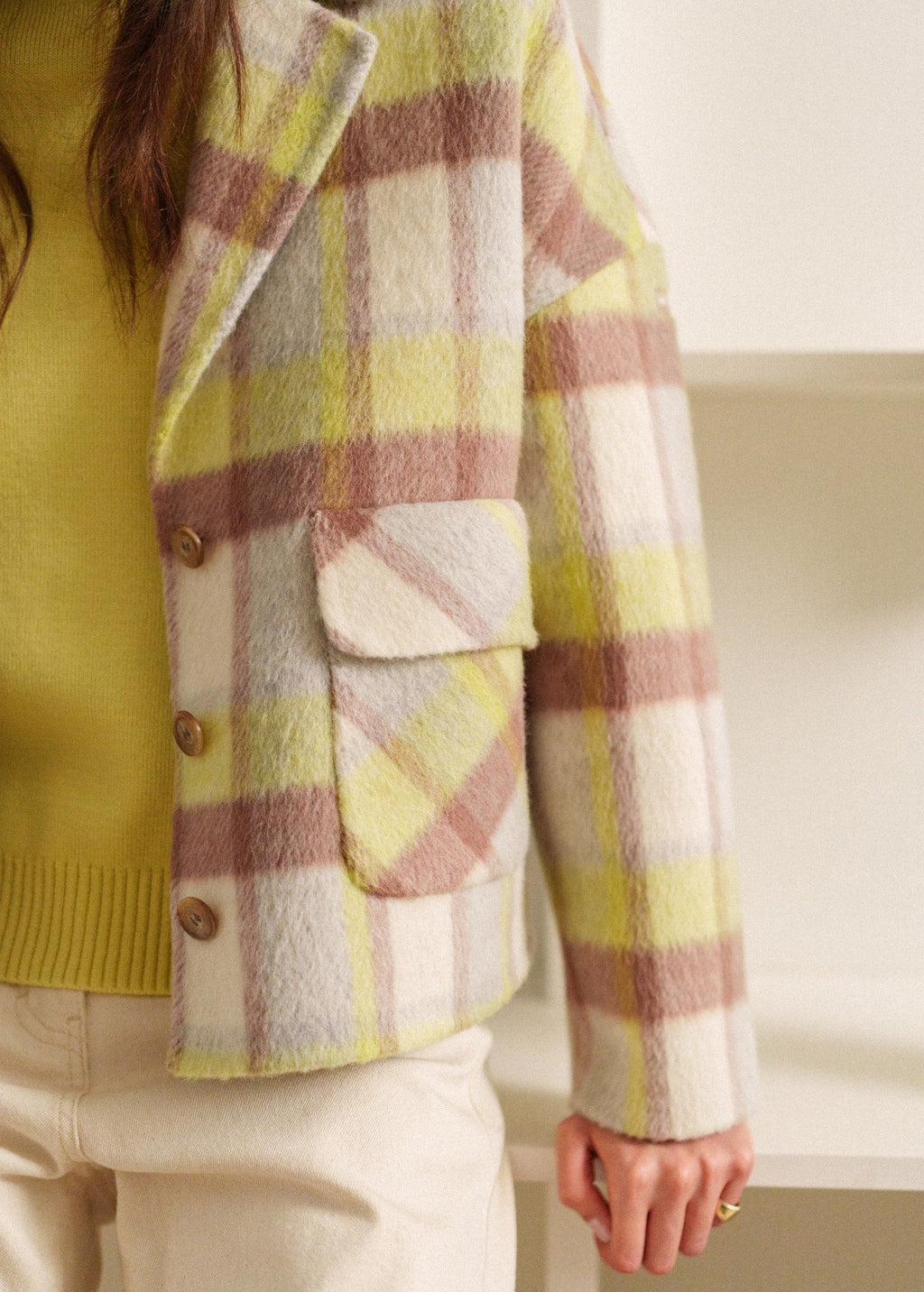 Saint James St Emilia Checked Wool Jacket, Winter White / Beige / Butter Yellow