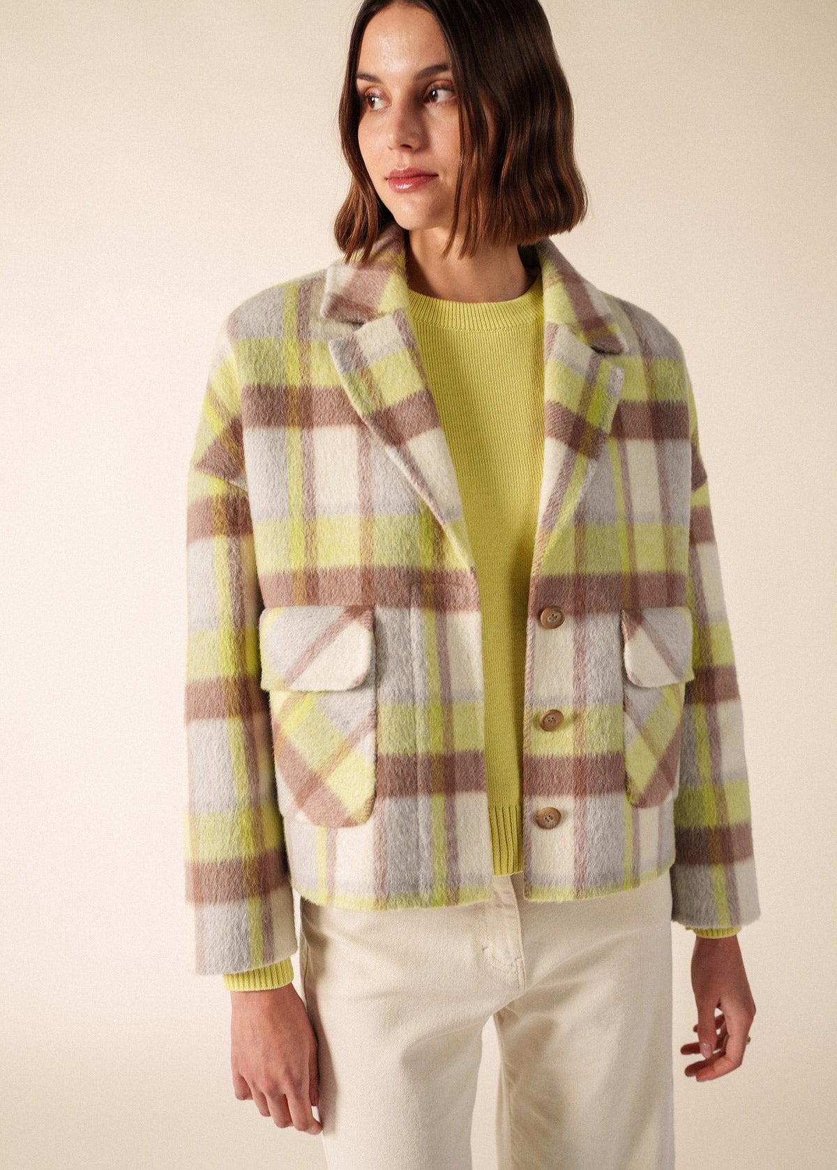 Saint James St Emilia Checked Wool Jacket, Winter White / Beige / Butter Yellow