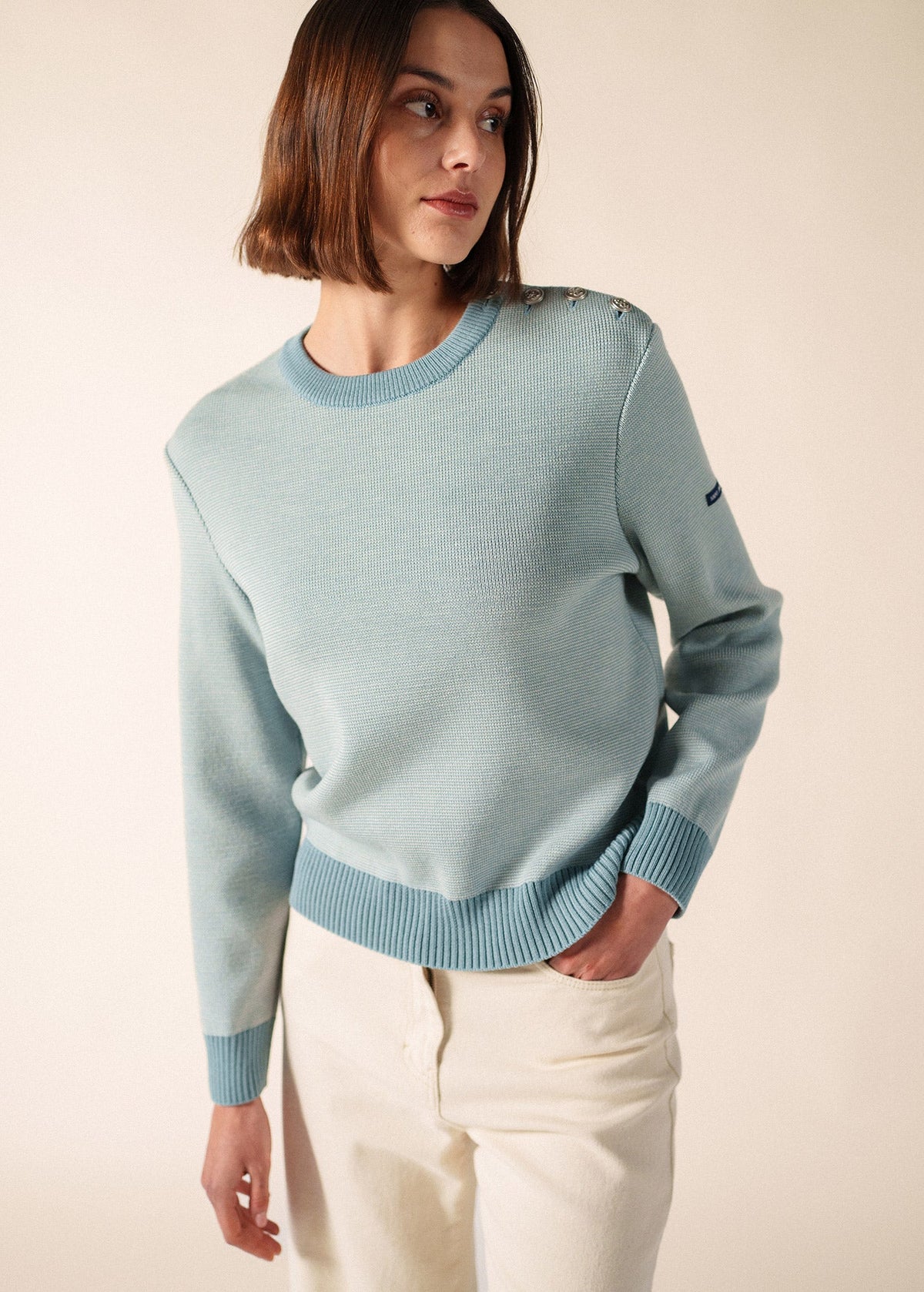 Saint James CANCALE CHINE Fisherman Sweater for Women (LIGHT COASTAL BLUE / WHITE)