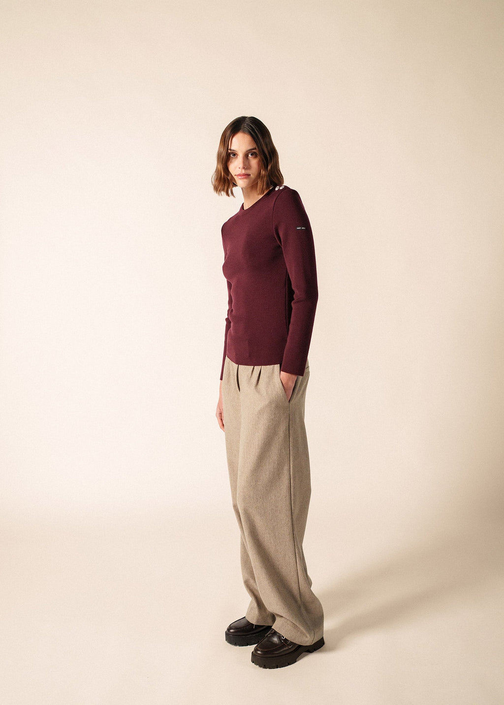 Saint James Bianca Hiver Pleated Wool Flannel Pants, Dark Beige