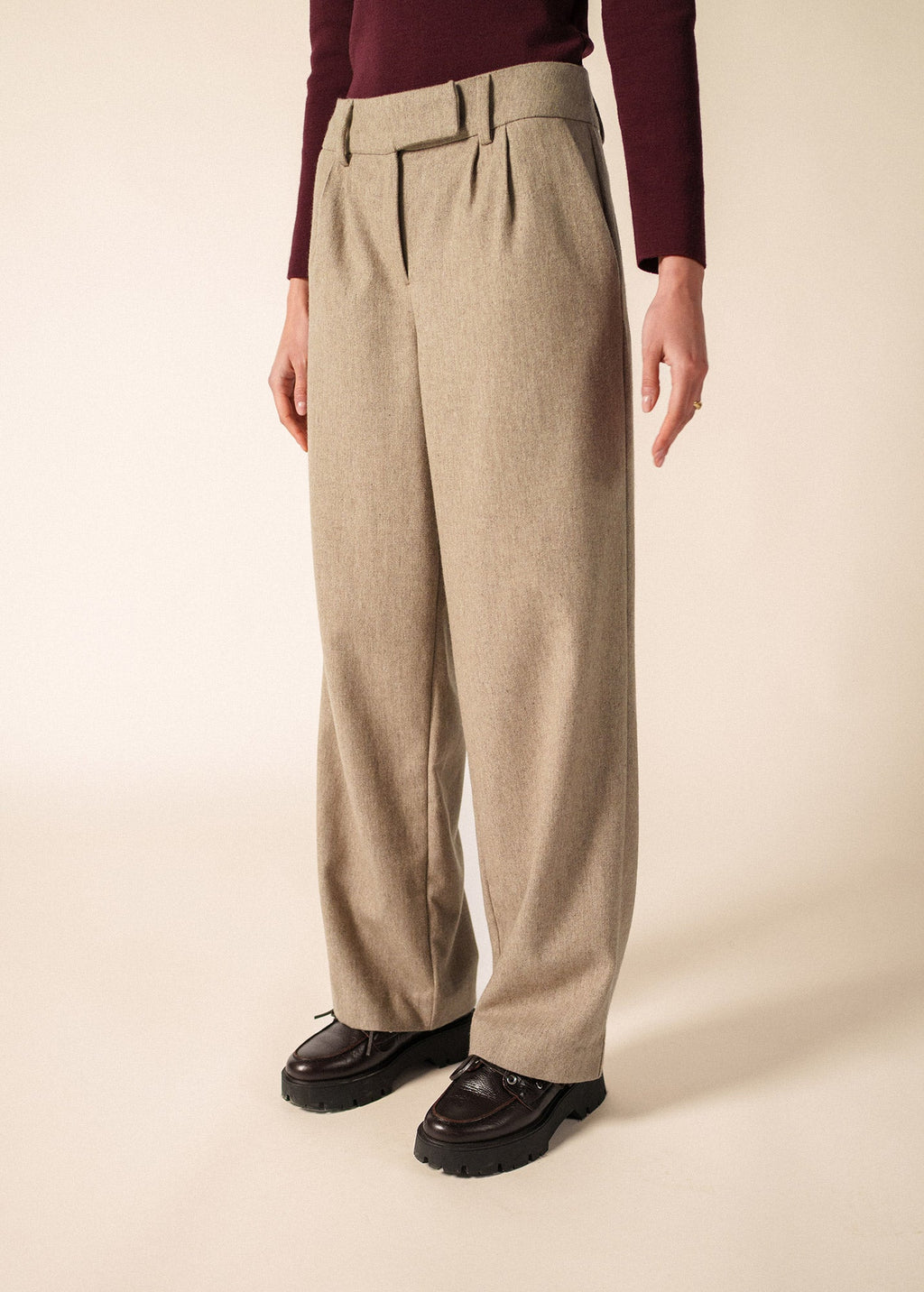 Saint James Bianca Hiver Pleated Wool Flannel Pants, Dark Beige