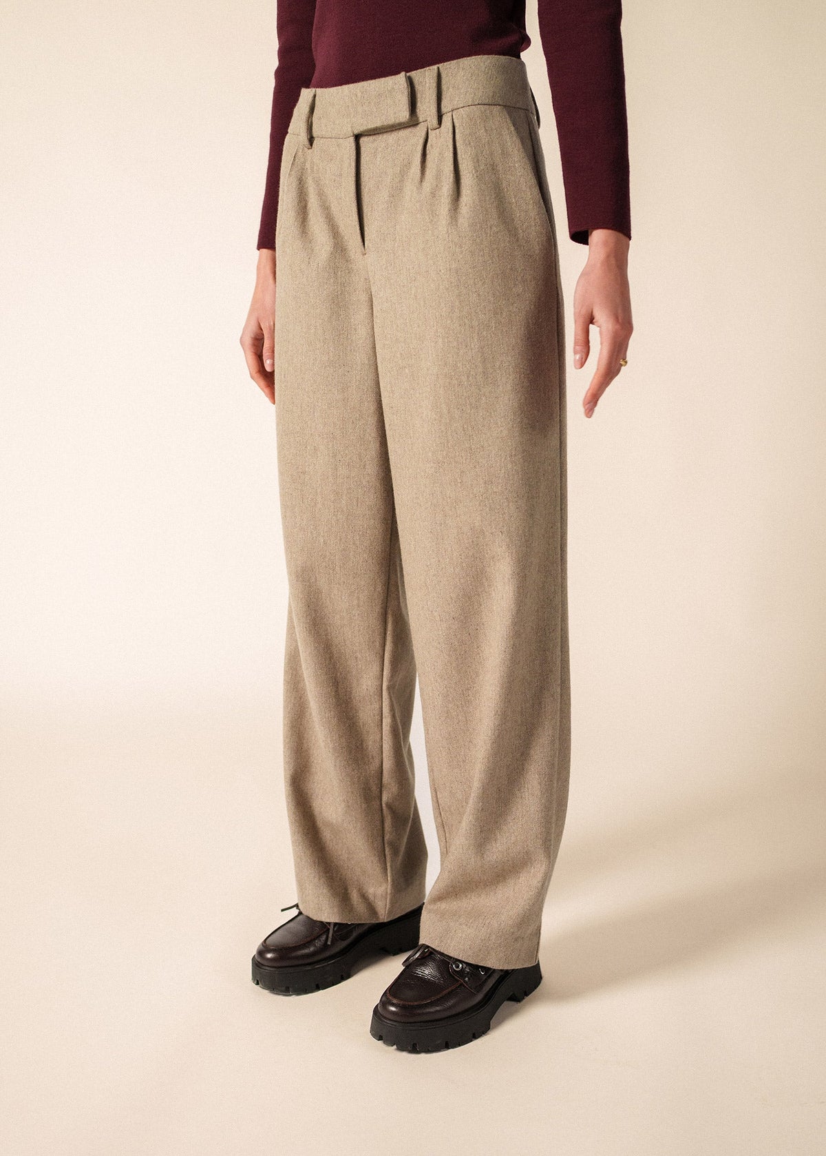 Saint James Bianca Hiver Pleated Wool Flannel Pants, Dark Beige