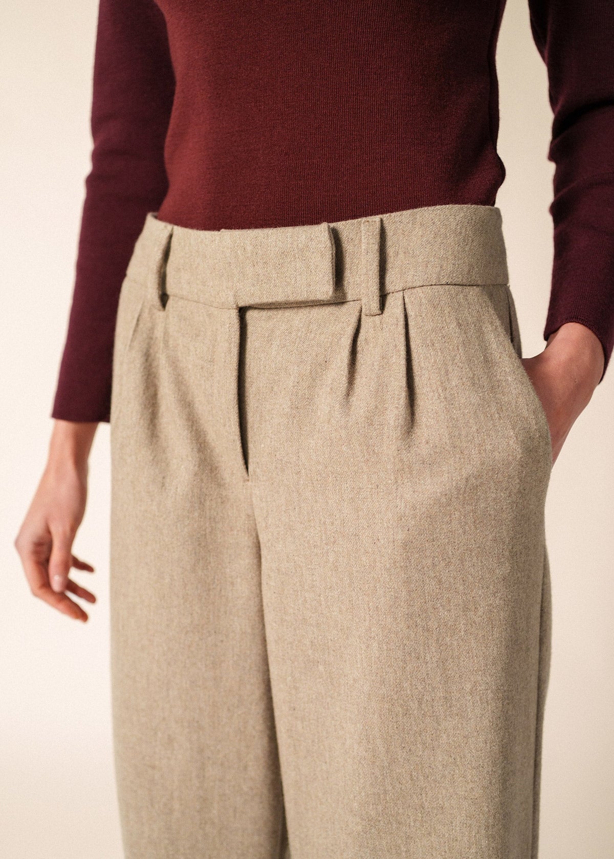 Saint James Bianca Hiver Pleated Wool Flannel Pants, Dark Beige